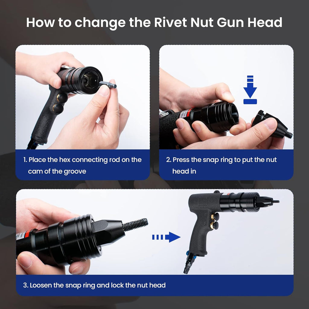 Air Rivet Nut Tool Kit, Pneumatic Rivnut Gun with 1/4'', 5/16'' & 3/8'' Mandrels
