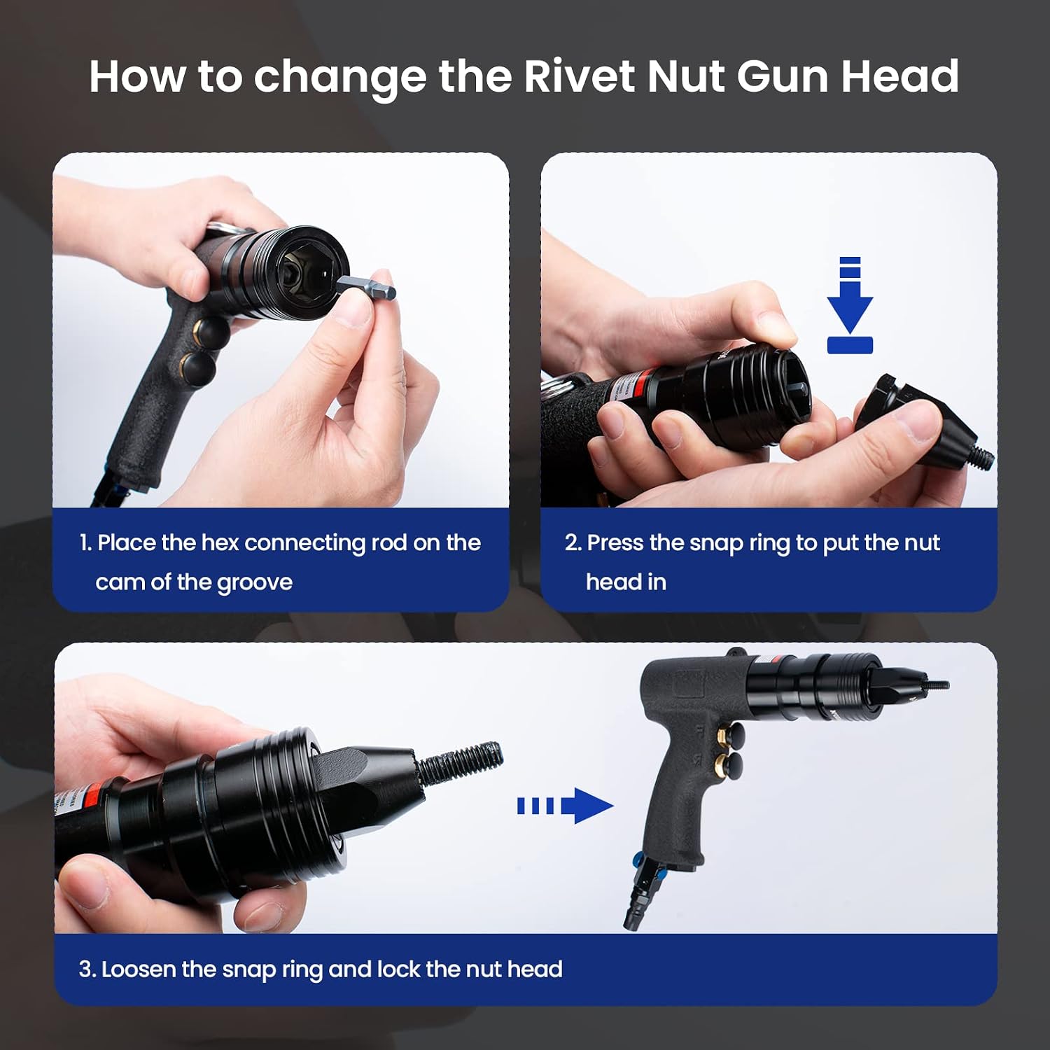 Air Rivet Nut Tool Kit, Pneumatic Rivnut Gun with 1/4'', 5/16'' & 3/8'' Mandrels