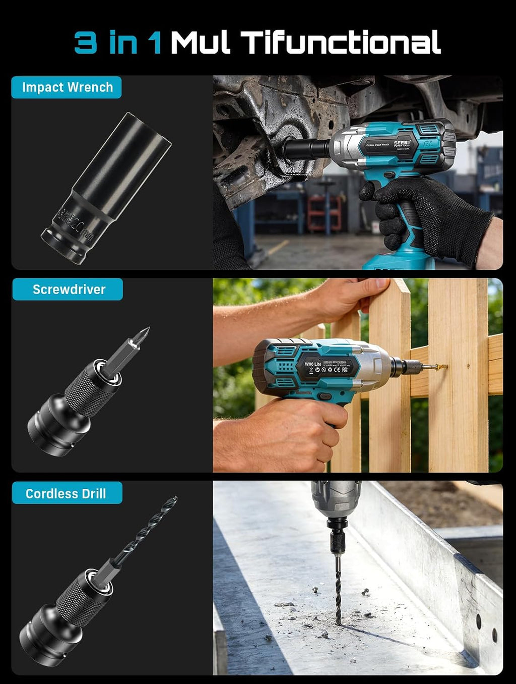 Seesii Cordless Impact Wrench 1/2 inch, High Torque 479 Ft-lbs(650Nm) Brushless Impact Gun,2500RPM w/2x4.0 Battery, 6 Sockets,8 Drill Bits, High Torque Power Impact Driver for Car Home,WH6 Lite