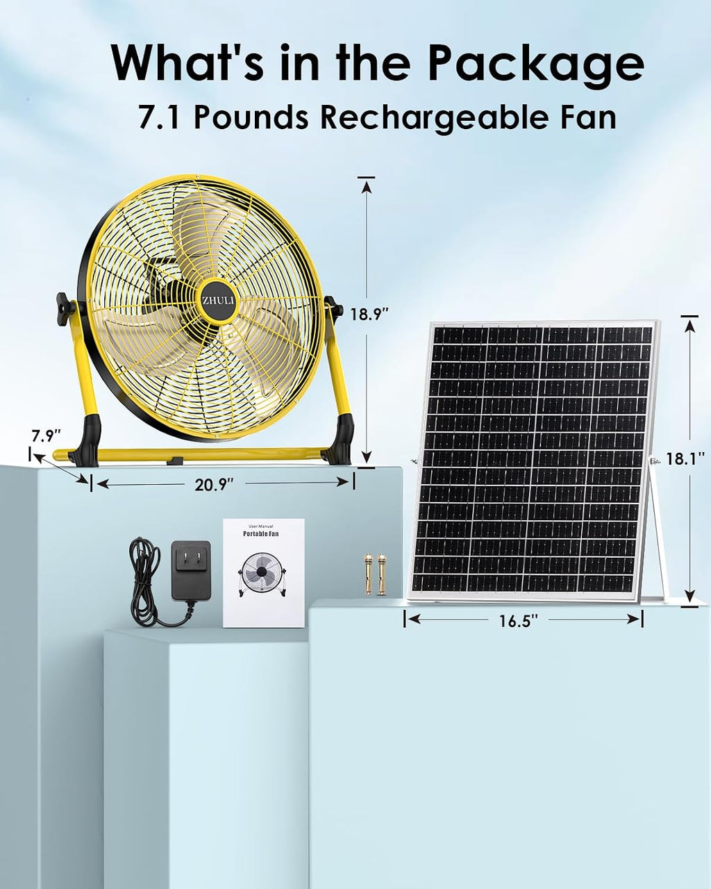 ZHULI 18' Solar Fan, Portable Battery Operated Floor Fan, Rechargeable Cordless Camping Fan, 40W Solar Panel, Hi-Velocity Brushless Motor, Metal blade, USB Phone Charge, 8~60H Runtime, Quiet, Wireless
