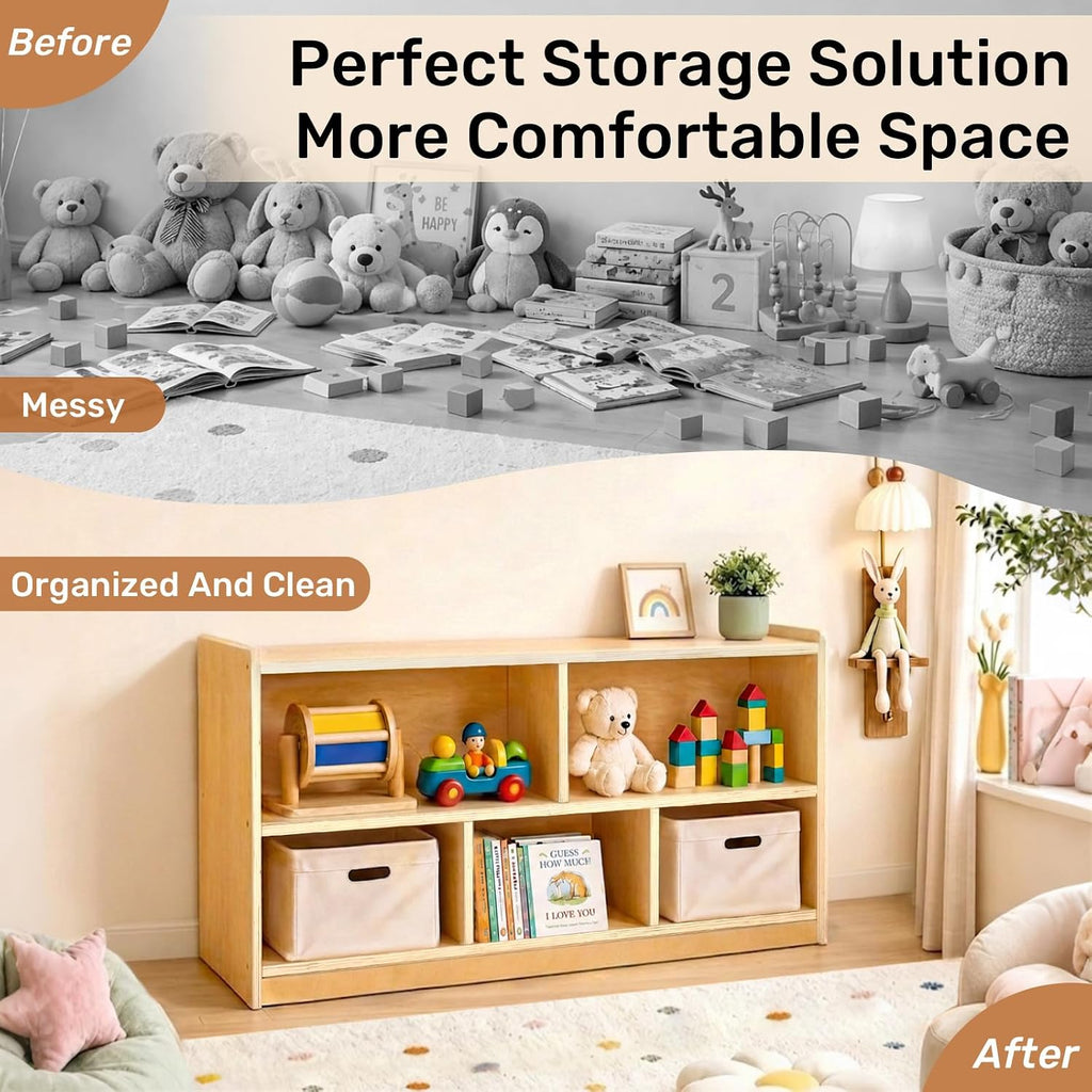 WINGYZ Montessori Bookshelf, 5-Section Wooden Storage Cabinet, Toy Storage Organizer with Kids Bookshelf, FSC Safety Montessori Toy Book Shelf for Kids Rooms, Classroom, Playroom, Daycare, Preschool