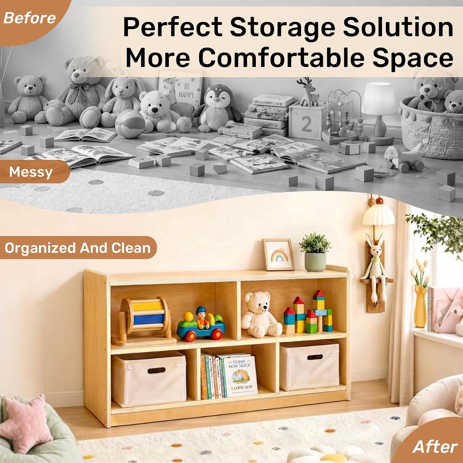 WINGYZ Montessori Bookshelf, 5-Section Wooden Storage Cabinet, Toy Storage Organizer with Kids Bookshelf, FSC Safety Montessori Toy Book Shelf for Kids Rooms, Classroom, Playroom, Daycare, Preschool