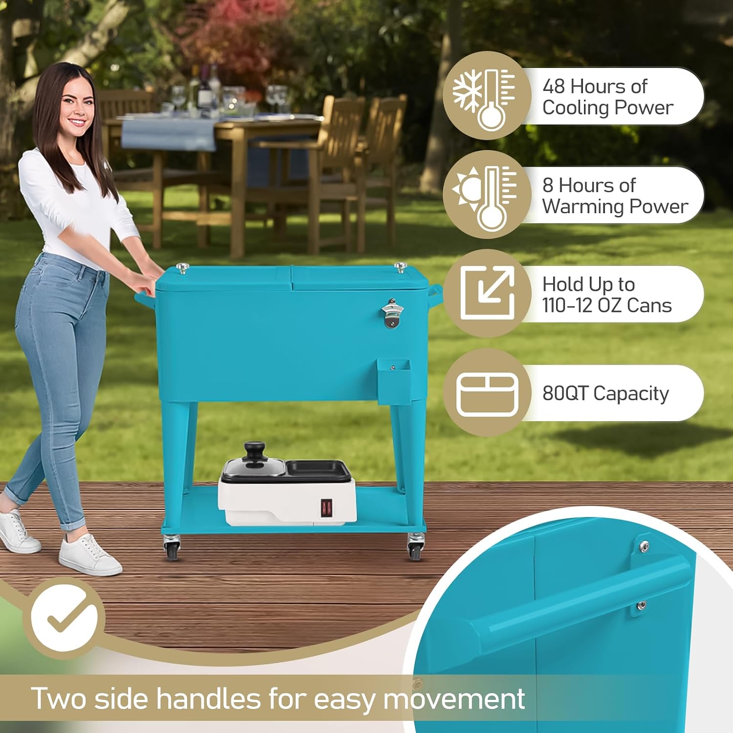 Outvita 80 Quart Rolling Ice Chest, Portable Bar Drink Cooler with Catch Basin, Bottom Storage Tray and Bottle Opener for Patio Party BBQ Beach Activities