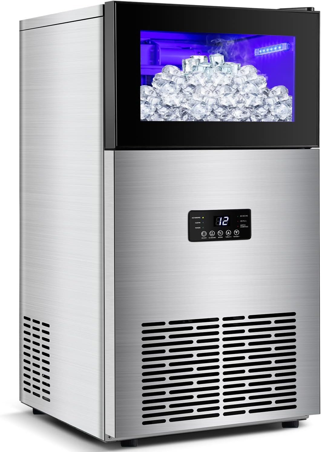 Commercial Ice Maker Machine 130LBS/24H with 35LBS Storage Bin, Stainless Steel Undercounter/Freestanding Ice Cube Maker for Home Bar Outdoor, Automatic Operation, Include Scoop, Connection Hose