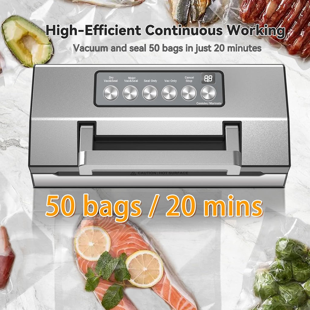 Upgraded Dry & Moist Food Modes Food Vacuum Sealer, Commercial-Grade Vacuum Sealer Machine, Dual-Seal Technology, One-Touch Operation & Built-In Bag Storage & Cutter, Includes 2 Rolls & Accessory Hose