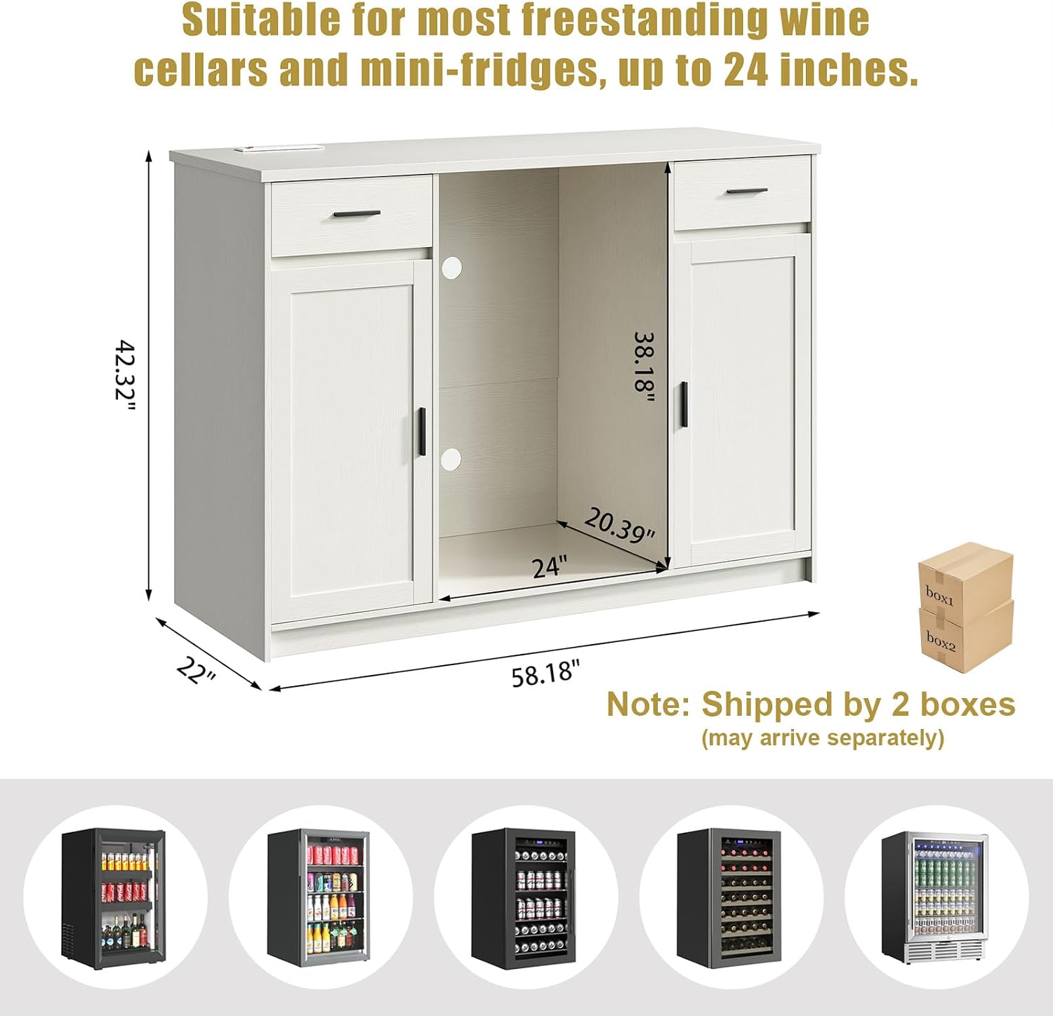 Herture Mini Fridge Cabinet,Coffee Bar Cabinet with Fridge Space & Wine Storage with Outlets,Fits 24' Fridge,Mini Fridge Stand,Buffet Sideboard Table Wine Cabinet for Kitchen Dining Room White KH04MRN