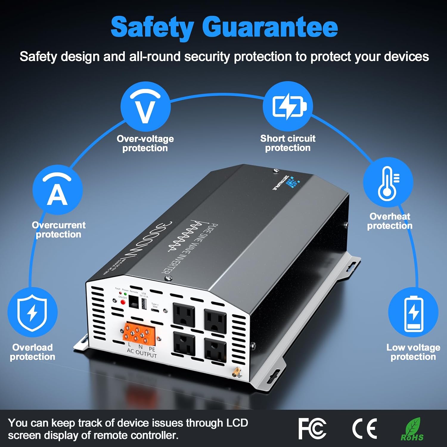 3000 Watts Pure Sine Wave Inverter 12V DC to 110V/120V AC Converter, 6000W Peak, LCD Remote Control, 4 AC Outlets, USB & Type-C – for RV, Truck, Off-Grid Solar System, Emergency Power