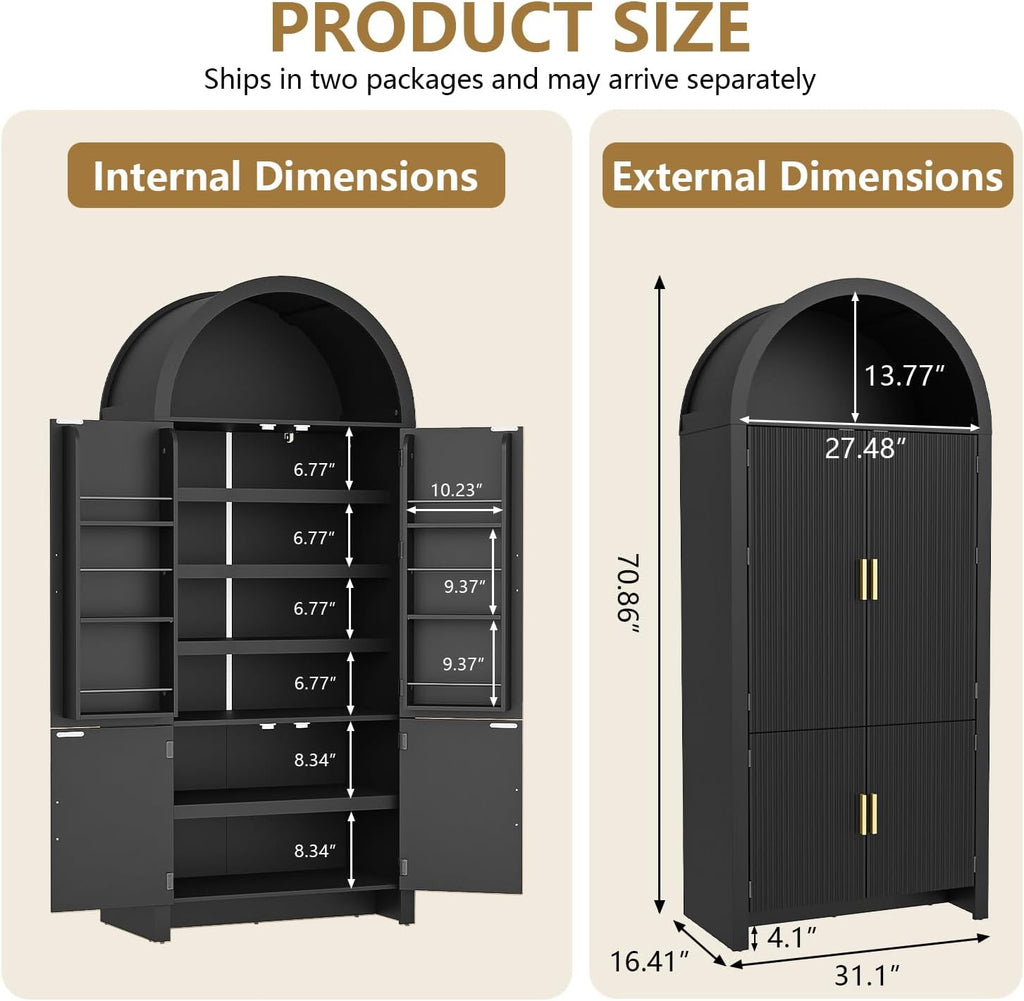 Arched Cabinet, 71' Tall Arched Kitchen Pantry Storage Cabinet with Doors, Modern Fluted Kitchen Storage Cabinet with Adjustable Shelves, Black Cupboard for Kitchen, Dining Room, Bathroom