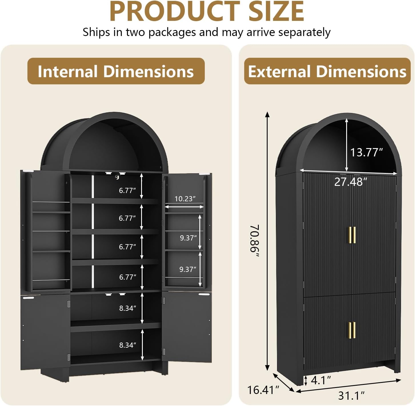 Arched Cabinet, 71' Tall Arched Kitchen Pantry Storage Cabinet with Doors, Modern Fluted Kitchen Storage Cabinet with Adjustable Shelves, Black Cupboard for Kitchen, Dining Room, Bathroom