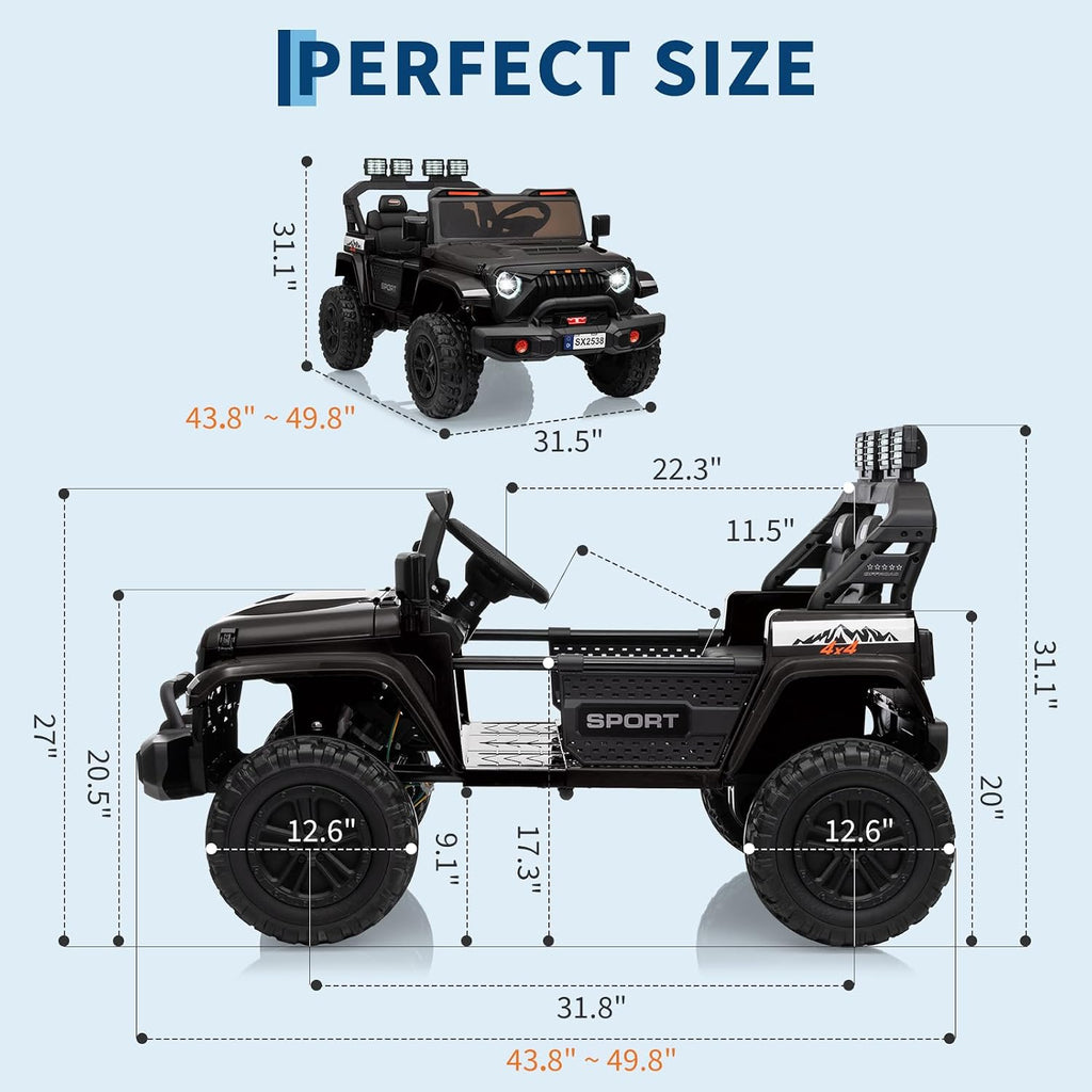 GarveeLife 24V Ride on Toys, 2 Seater Kids Ride on Truck Car, Parent Remote Control, 4WD 800w Motor, 3 Adjustable Speeds, Built-in Music Player, Kids Electric Ride on Toys with Easy Assembly, Black
