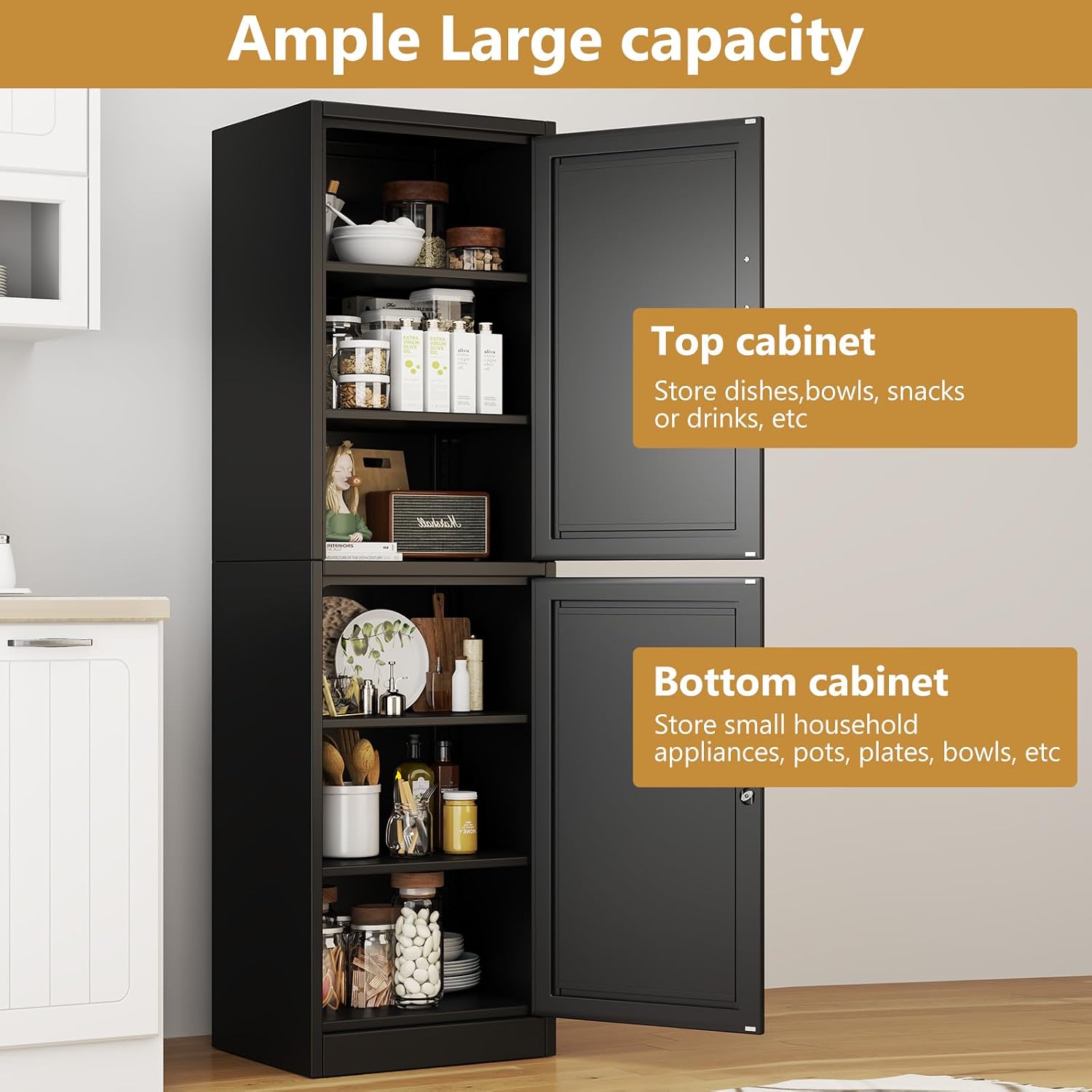Tall Narrow Slim Metal Storage Cabinet with Lock 2 Doors and Shelves,Steel File Cabinets,Kitchen Pantry Cabinet Locker Organizer - 67' Locker Storage Cabinets for Bathroom,Bedroom,Office,Black