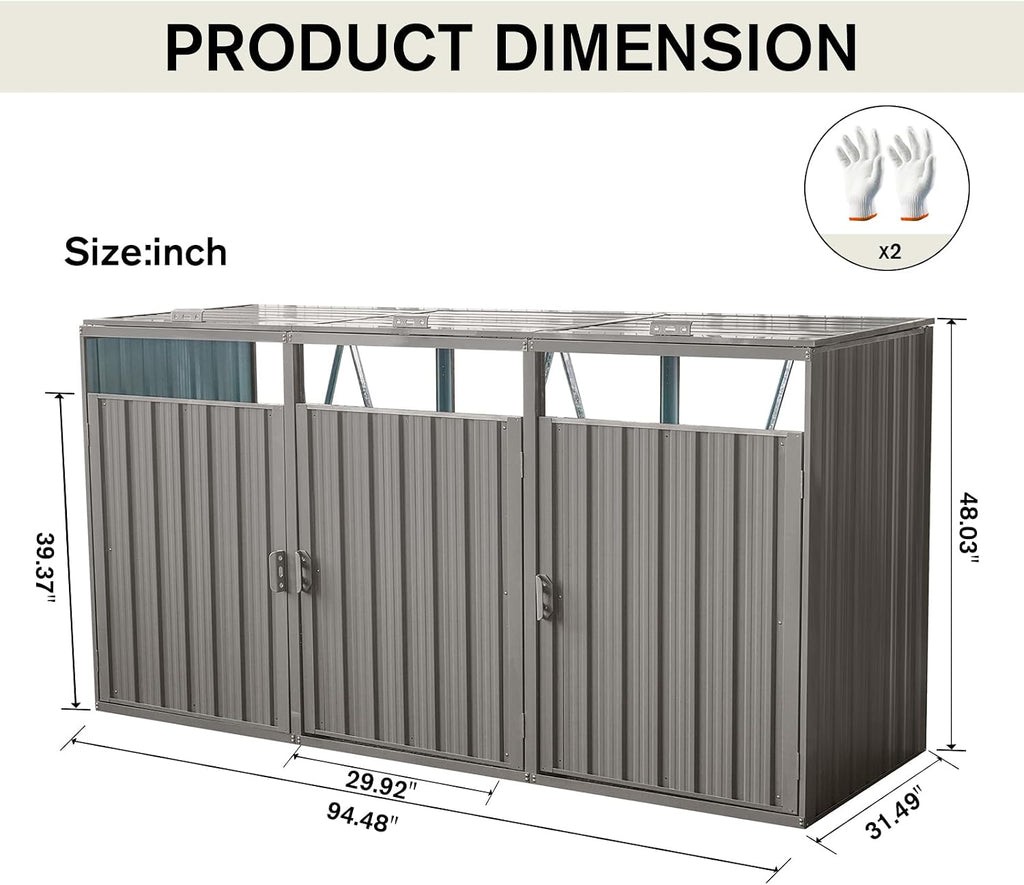 Outdoor Garbage Bin Storage Shed, Metal Trash Can Storage Hideaway, Stainless Galvanized Steel, Bin Shed for Garden Yard Lawn (Light Grey, 3 Door)
