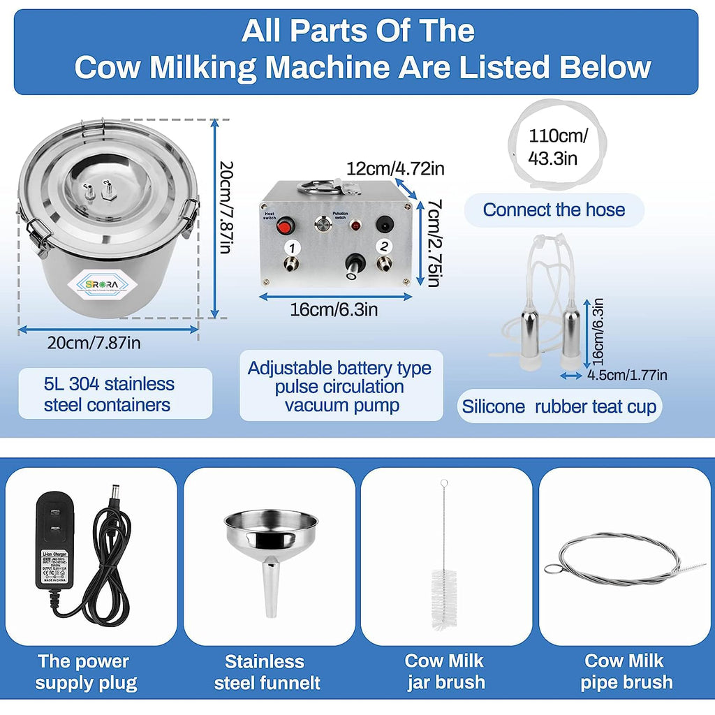 5L Cow Milking Machine, Rechargeable Battery Adjustable Pulse Vacuum Electric Cow Milking Machine,Portable Milking Machine,Individual Pulsation Adjustment, Udder Protection