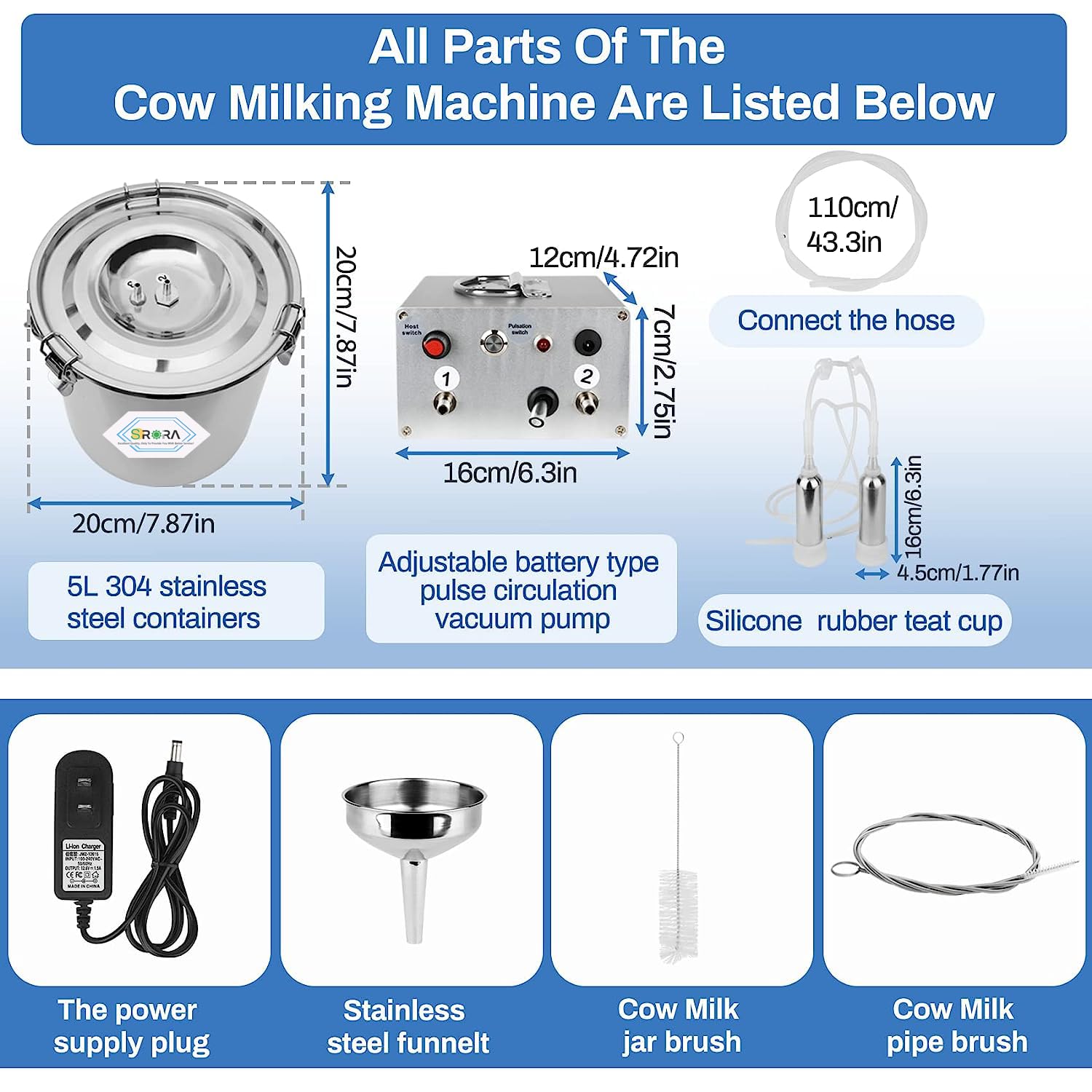 5L Cow Milking Machine, Rechargeable Battery Adjustable Pulse Vacuum Electric Cow Milking Machine,Portable Milking Machine,Individual Pulsation Adjustment, Udder Protection