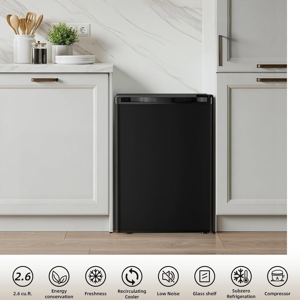 Antarctic Star Compact Refrigerator with Freezer, 2.6 Cu.Ft Mini Fridge with Adjustable Thermostat,Single Door,Removable Glass Shelves for Dorm/Kitchen/Office,BLACK