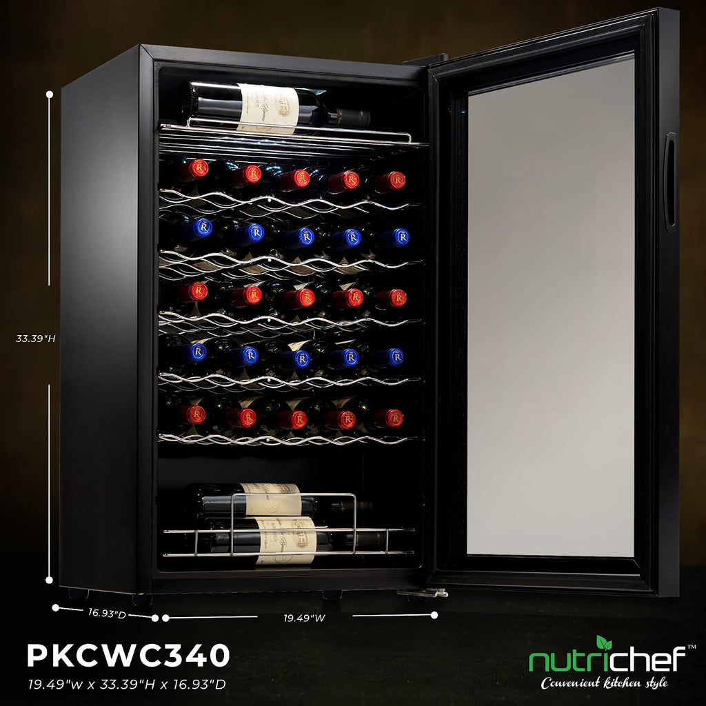 NutriChef PKCWC340 Wine Fridge, 34 Bottle Single Zone Beverage Chiller, 93.5L Capacity, 33x19x17 IN, Black