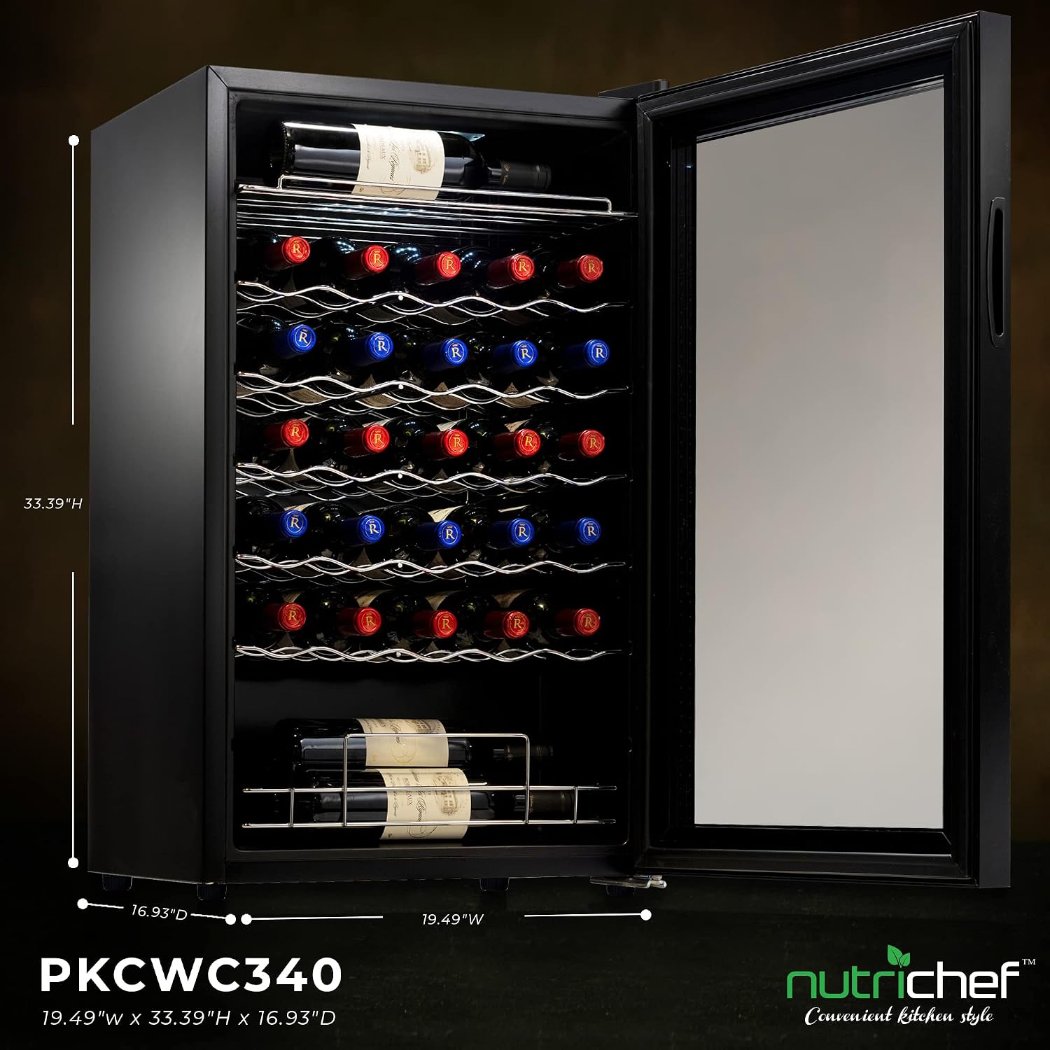 NutriChef PKCWC340 Wine Fridge, 34 Bottle Single Zone Beverage Chiller, 93.5L Capacity, 33x19x17 IN, Black