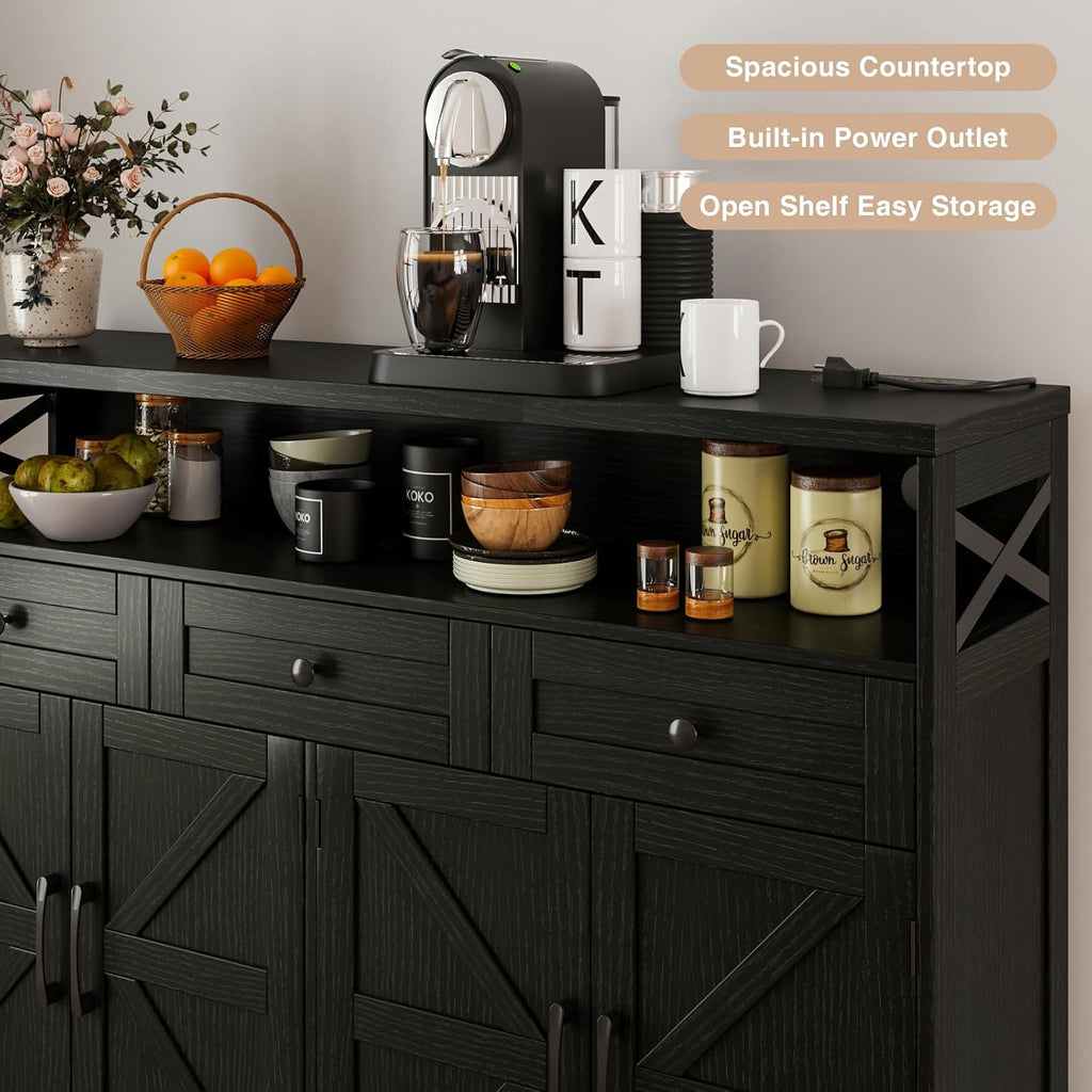 Befrases 52' L Modern Farmhouse Sideboard Buffet Cabinet, Black Storage Cabinet with Drawers & Shelves, Kitchen Pantry Hutch, Coffee Bar Station Table for Living Room, Dining Room, Entryway