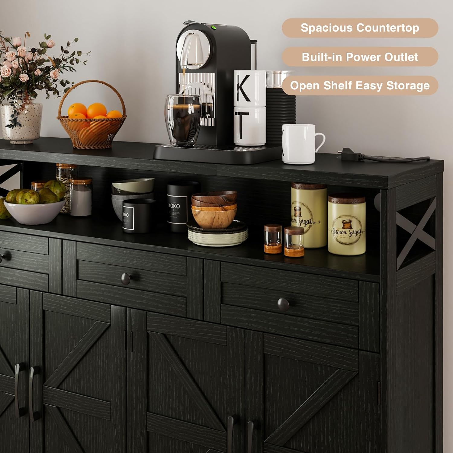 Befrases 52' L Modern Farmhouse Sideboard Buffet Cabinet, Black Storage Cabinet with Drawers & Shelves, Kitchen Pantry Hutch, Coffee Bar Station Table for Living Room, Dining Room, Entryway