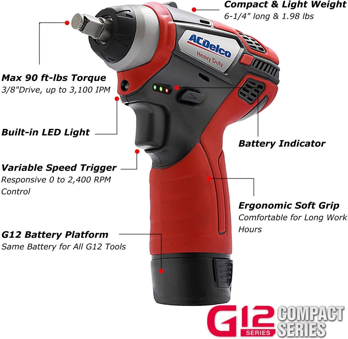 ACDelco G12 Series 3-Tool Combo, 3/8' Brushless Ratchet Wrench & 2-speed Polisher & 3/8' Impact Wrench, 2-battery, ARW1208-K13