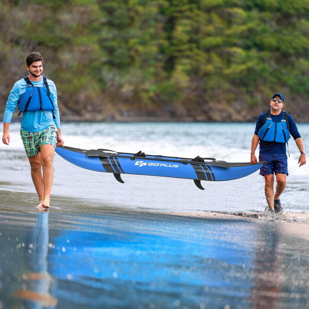 Goplus Tandem Inflatable Kayak, 12.5FT 2-Person Kayak for Adults w/507 LBS Weight Capacity, 2 Aluminium Oars, Padded Seat, 2 Fins, Hand Pump, Carry Bag, Repair Kit, Portable Touring Kayaks