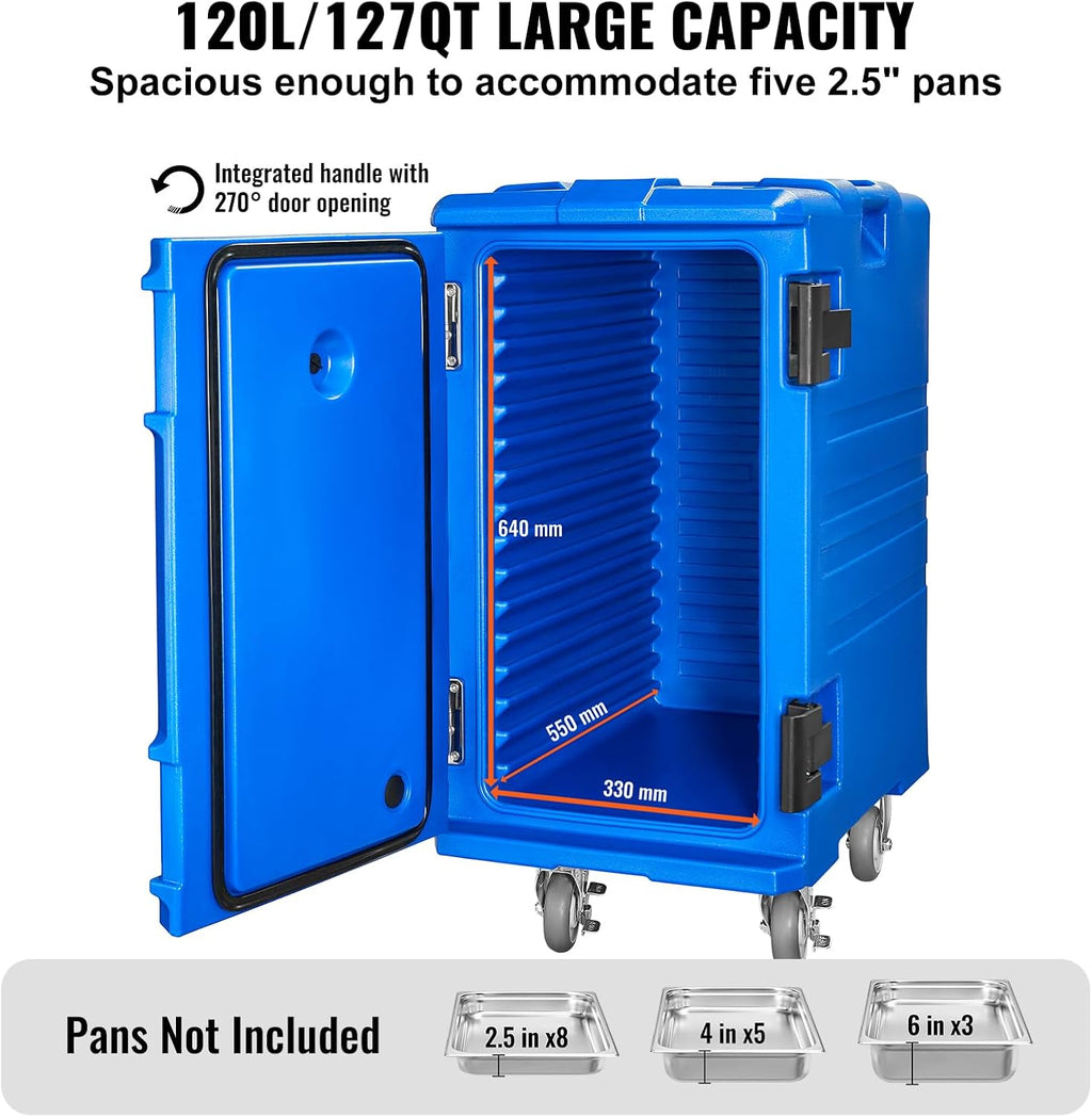 VEVOR Insulated Food Pan Carrier, 127 Qt Hot Box for Catering, LLDPE Food Box Carrier w/Double Buckles, Front Loading Food Warmer w/Handles, End Loader w/Wheels for Restaurant, Canteen, etc. Blue
