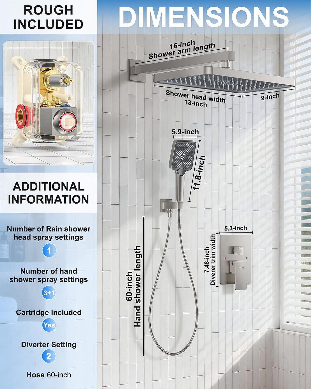 Shower System 13-Inch Rainfall Shower Head - 3 Setting Handheld Sprayer, Complete Bathroom Set with Faucet Mixer Trim Kit & Valve Brushed Nickel