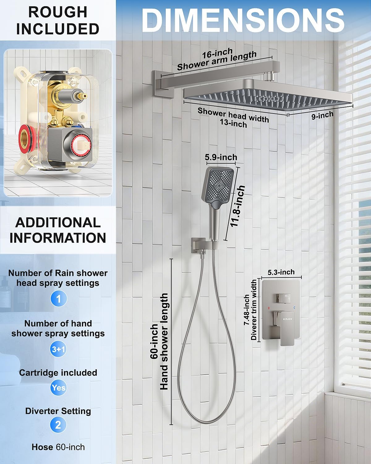 Shower System 13-Inch Rainfall Shower Head - 3 Setting Handheld Sprayer, Complete Bathroom Set with Faucet Mixer Trim Kit & Valve Brushed Nickel