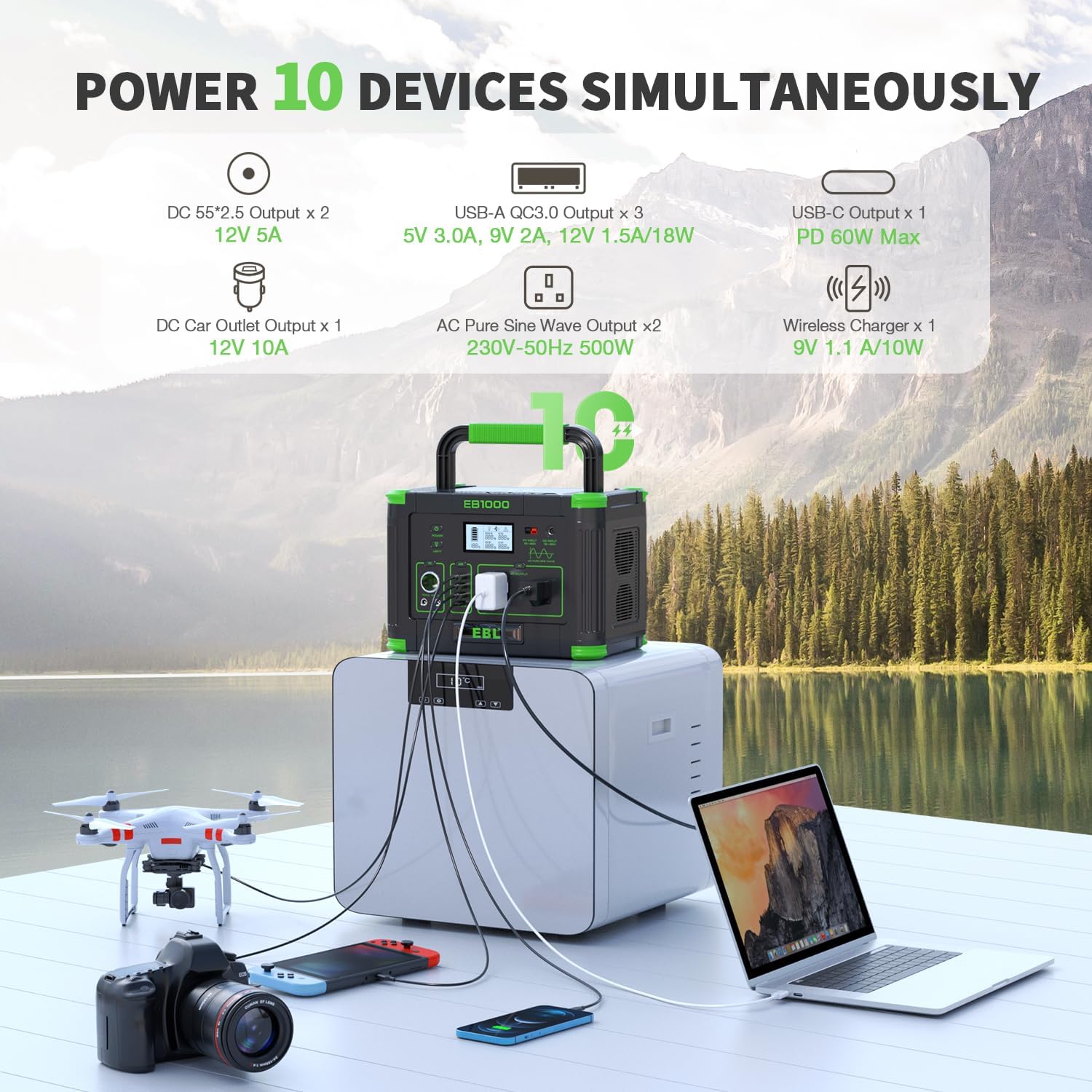EBL 1000W Portable Power Station With 200W Solar Panels, 999Wh Backup Lithium Battery, Pure Sine Wave AC Outlet, 60W PD Quick Charge Solar Generator Set for RV/Van Camping, Road Trip, Home, Off-grid