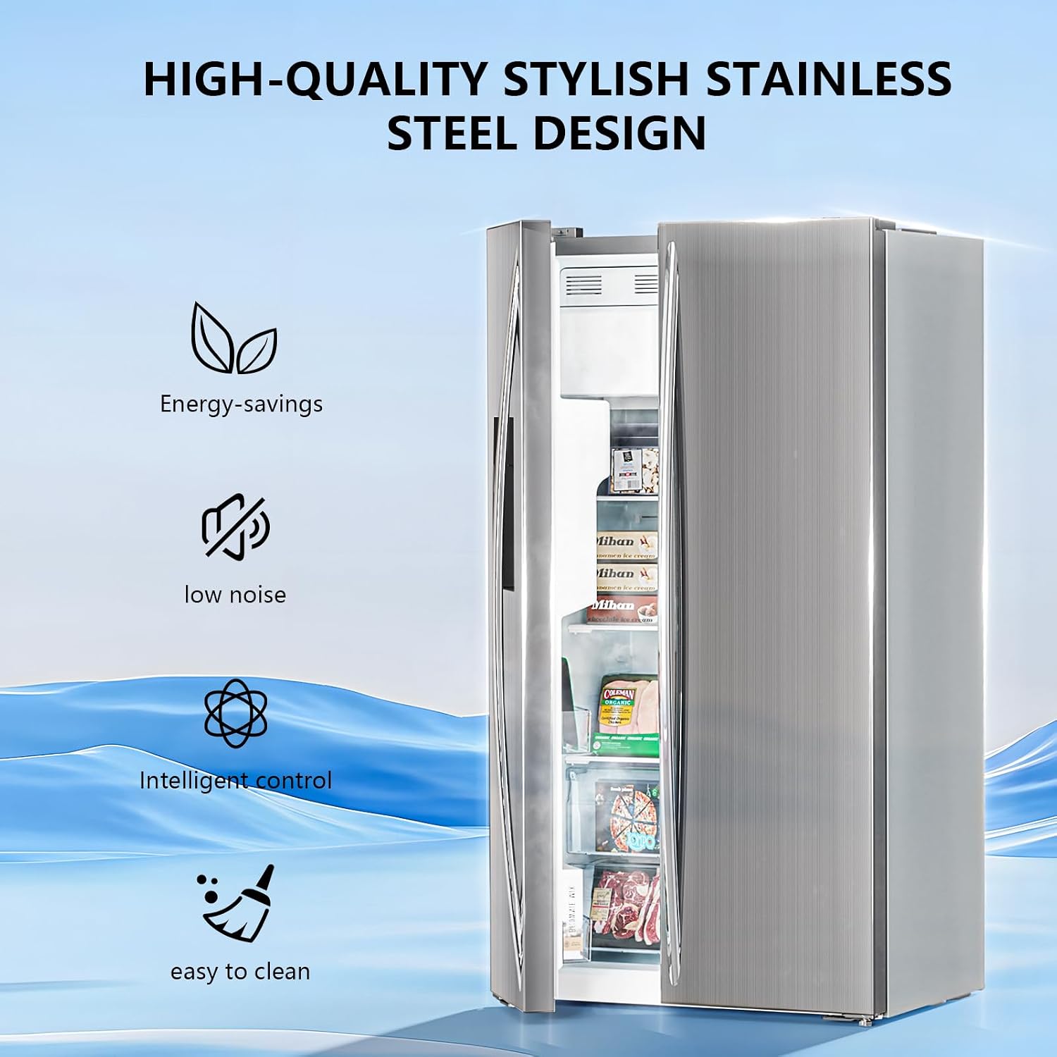 Antarctic Star French Door Refrigerator with Side Freezer, Nugget and Cube Ice Maker, Adjustable Thermostat, 20 Cu. Ft., Stainless Steel