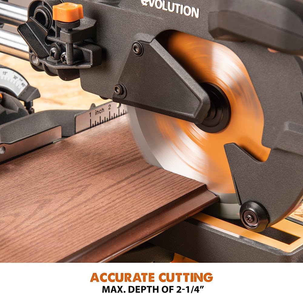 Evolution Power Tools R185SMS+ Sliding Miter Saw with Multi-Material Cutting, 45 Degree Bevel, 50 Degree Miter, 210 mm Slide, Blade Included Cuts Wood Plastic Metal & More, 7-1/4'