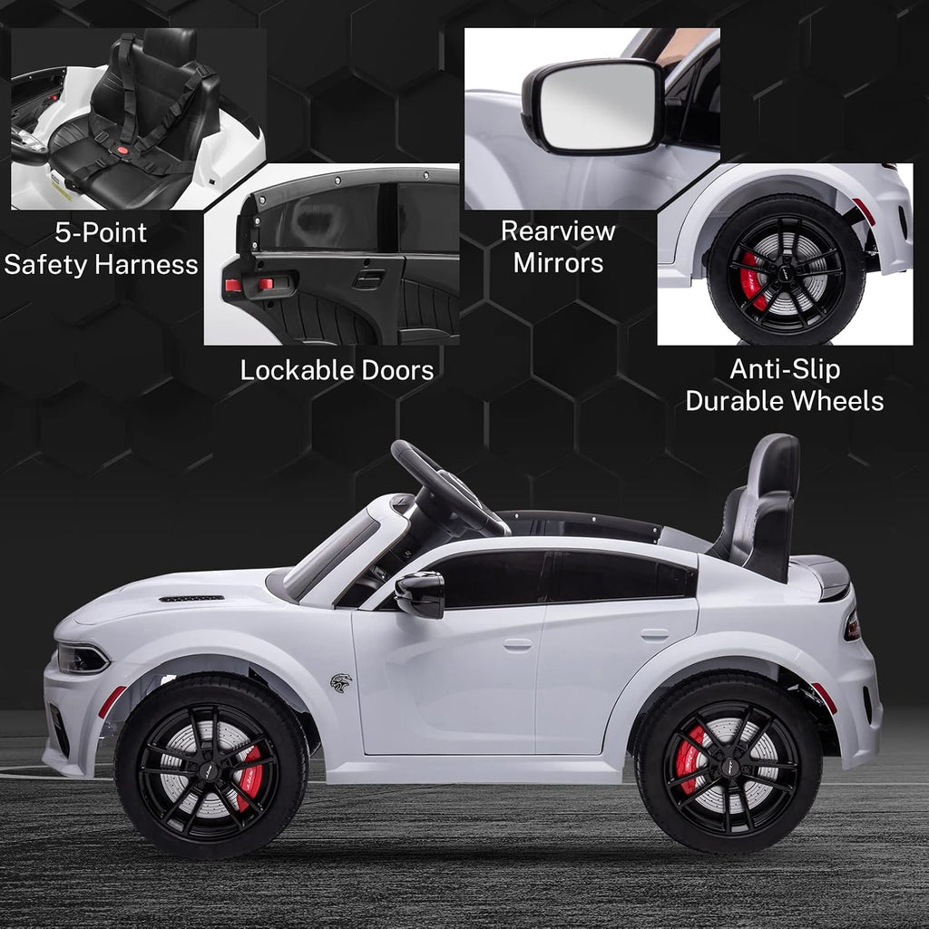 ENYOPRO 12V 7Ah Kids Electric Ride on Car, Licensed Dodge Charger SRT Hellcat, Battery Powered 4-Wheels Toy Car Electric Vehicle for Kids with Remote Control, 3 Speeds, LED Lights, Music (White)