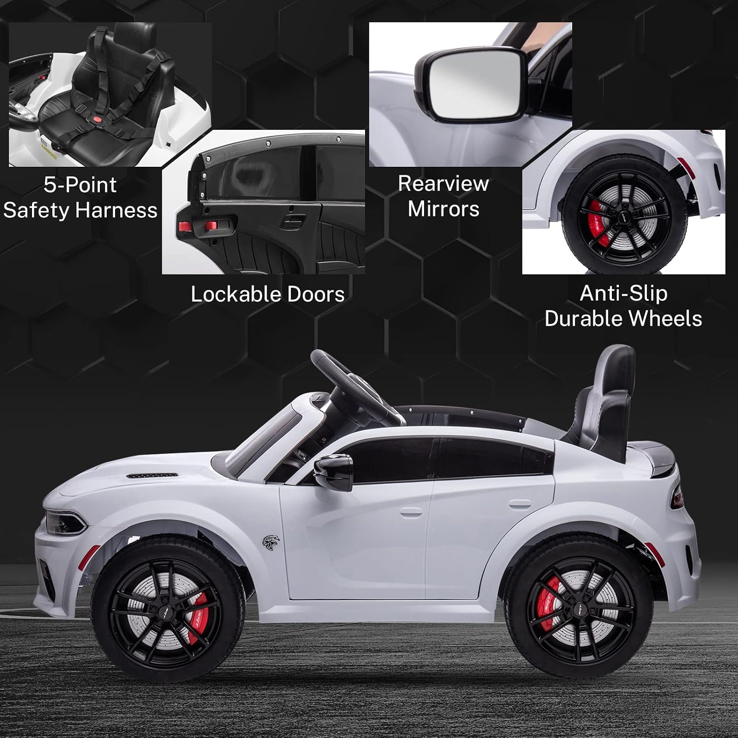 ENYOPRO 12V 7Ah Kids Electric Ride on Car, Licensed Dodge Charger SRT Hellcat, Battery Powered 4-Wheels Toy Car Electric Vehicle for Kids with Remote Control, 3 Speeds, LED Lights, Music (White)