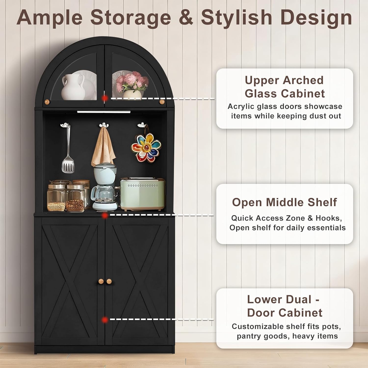 71' Farmhouse Arched Buffet Cupboard with Adjustable Shelves & Glass Door | Sturdy Engineered Wood, Acrylic Glass, Durable, Moisture-Resistant, Easy Assembly, for Dining Room, Bathroom, Living Room