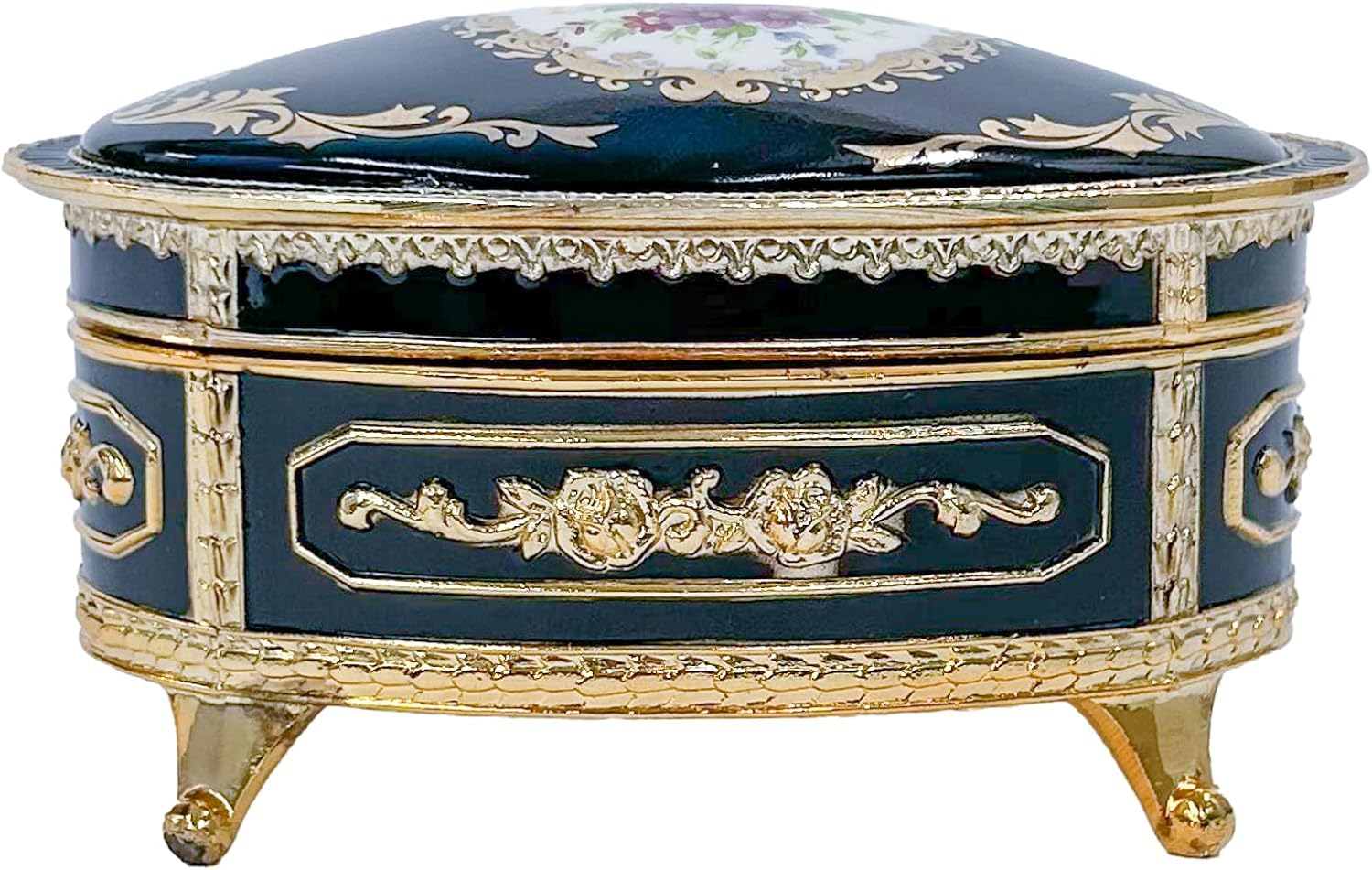 Haelo Elegant Oval Musical Trinket Jewelry Box Plays Tune Candle in The Wind 2.5 x 4 Inch Antimony Ornate Scrollwork with Floral Medallion