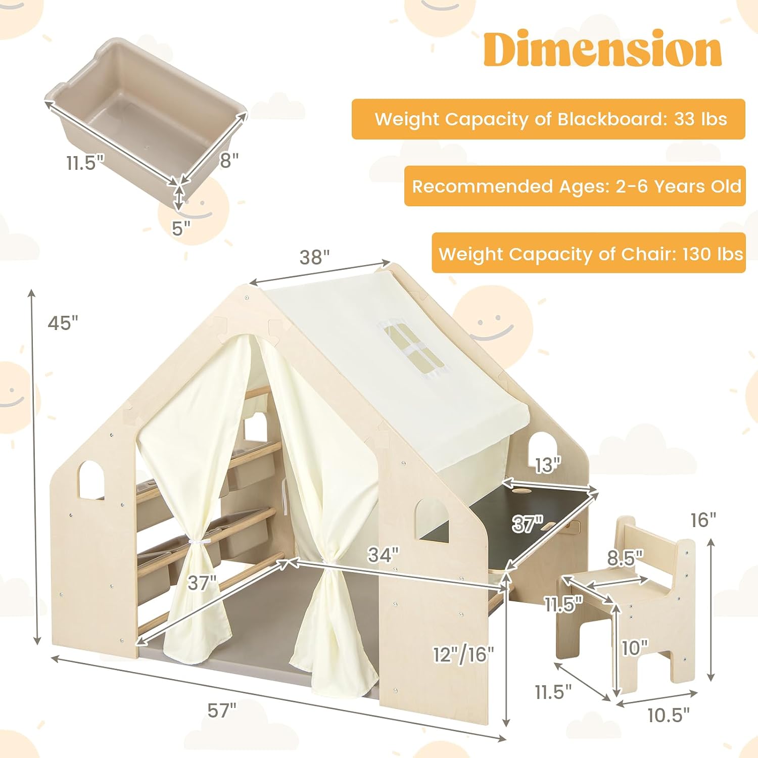 Costzon Large Kids Tent, 6-in-1 Wooden Frame Play House with Table and Chair Set, Blackboard, 6 Storage Bins & Soft Floor Mat, Indoor Playhouse for Boys Girls Aged 2-6 Years Old