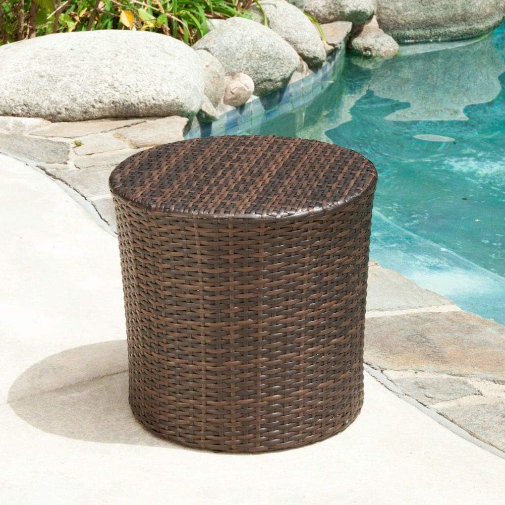 Christopher Knight Home Keaton Wicker Barrel Side Table, Multibrown & Suncast 33 Gallon Hideaway Can Resin Outdoor Trash with Lid Use in Backyard, Deck, or Patio, 33-Gallon, Brown
