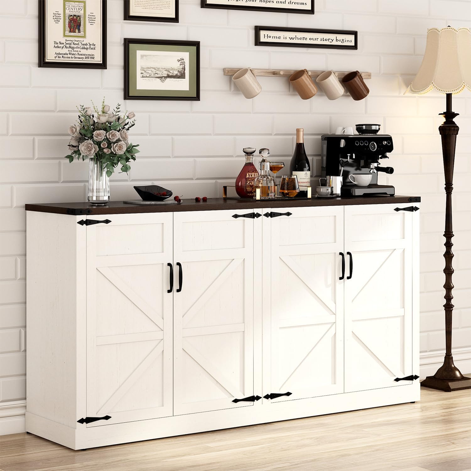 65 Inch Sideboard Buffet Cabinet with Storage, Farmhouse Kitchen Sideboard Cabinets with Adjustable Shelves, Wooden Coffee Bar Storage Cabinet Buffet Table for Kitchen, Dining Room, White