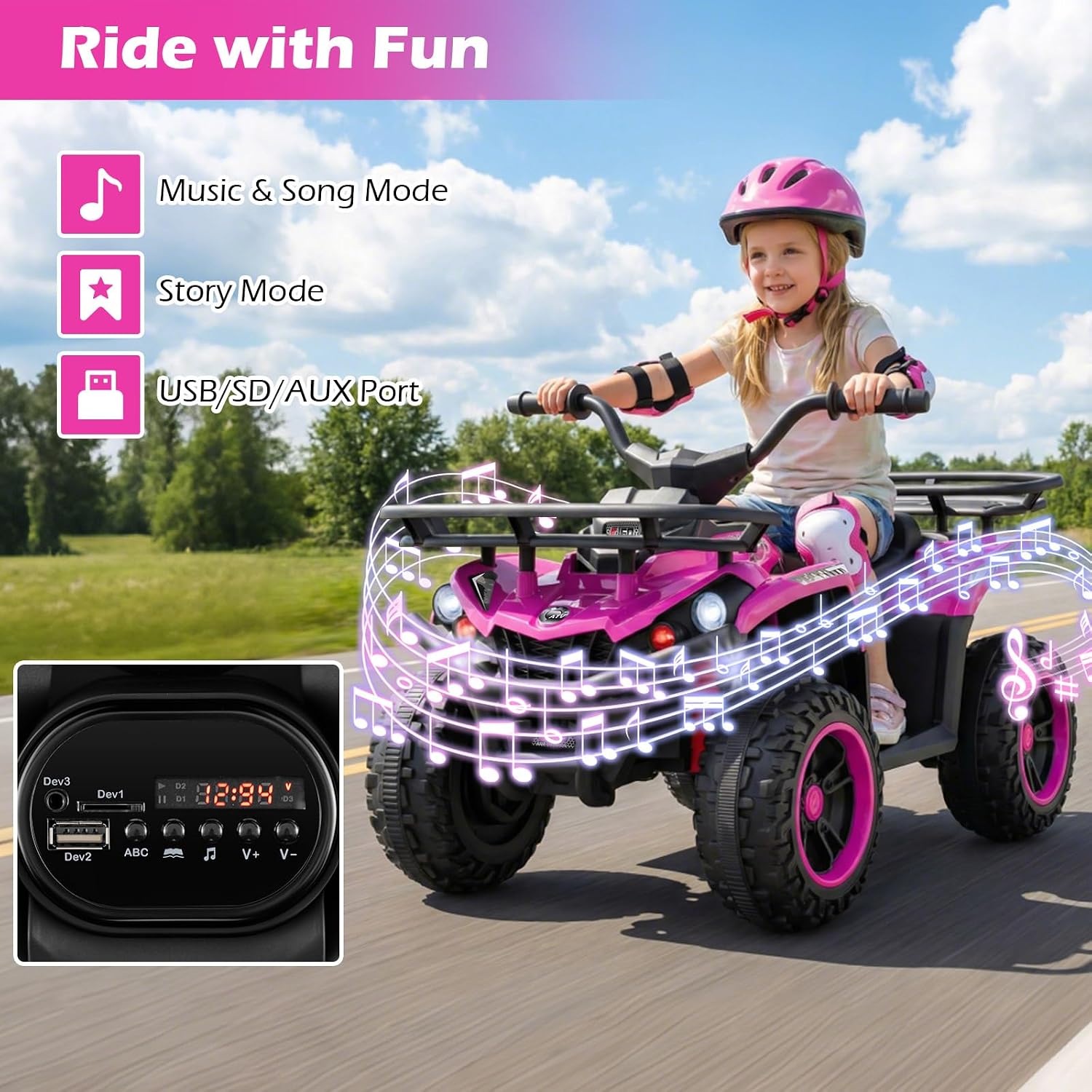 OLAKIDS 12V Kids ATV Quad with 2 Speeds, Spring Suspension, LED Lights, Music & Story Player, Big Tires, 2 Storage Spaces, Ride On Car for Boys Girls Ages 3+ (24V, Light Pink)