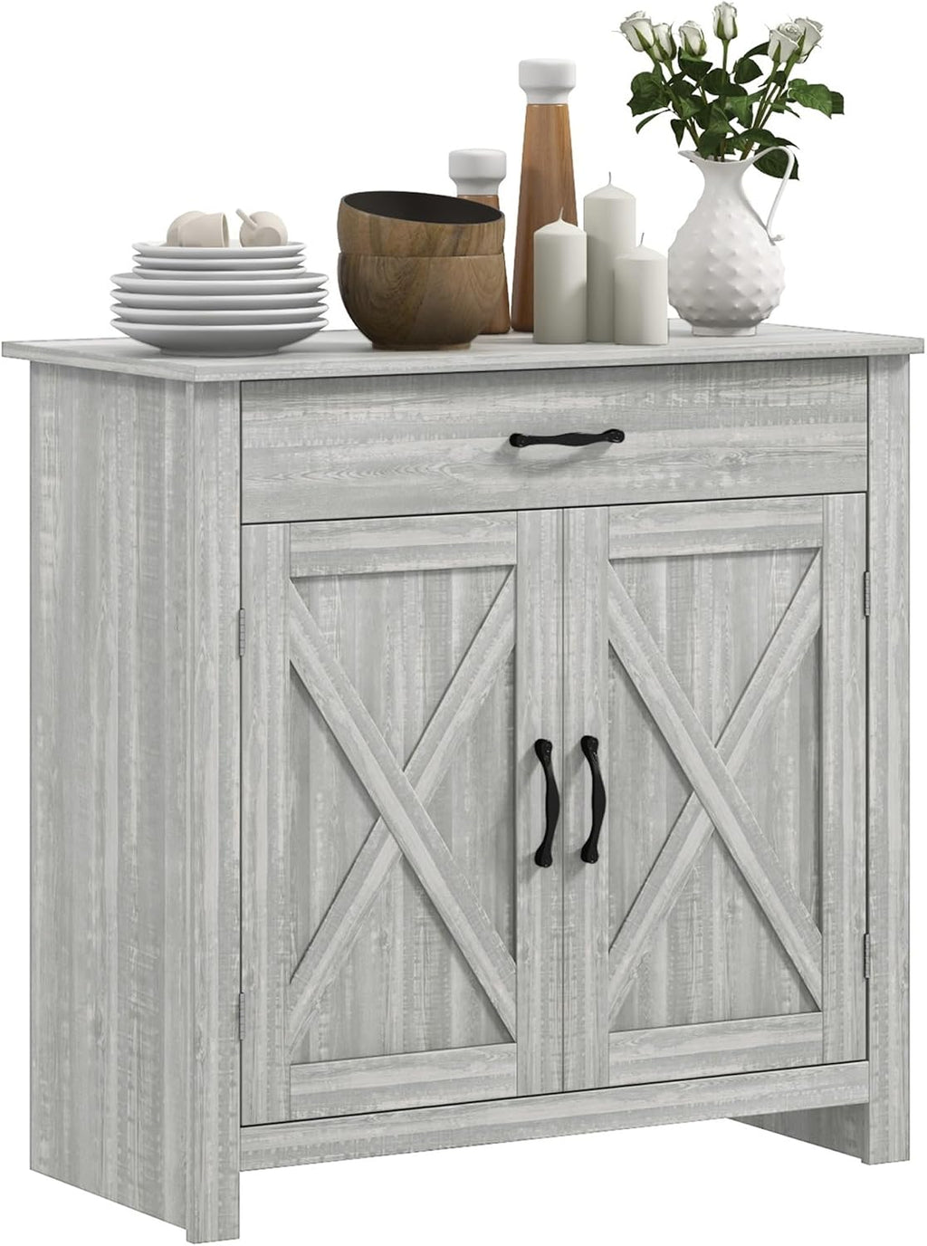 HOMCOM Farmhouse Sideboard Buffet Cabinet, Barn Door Coffee Bar Cabinet with Drawer and Adjustable Shelf for Kitchen, Living Room, Entryway, Stone Gray