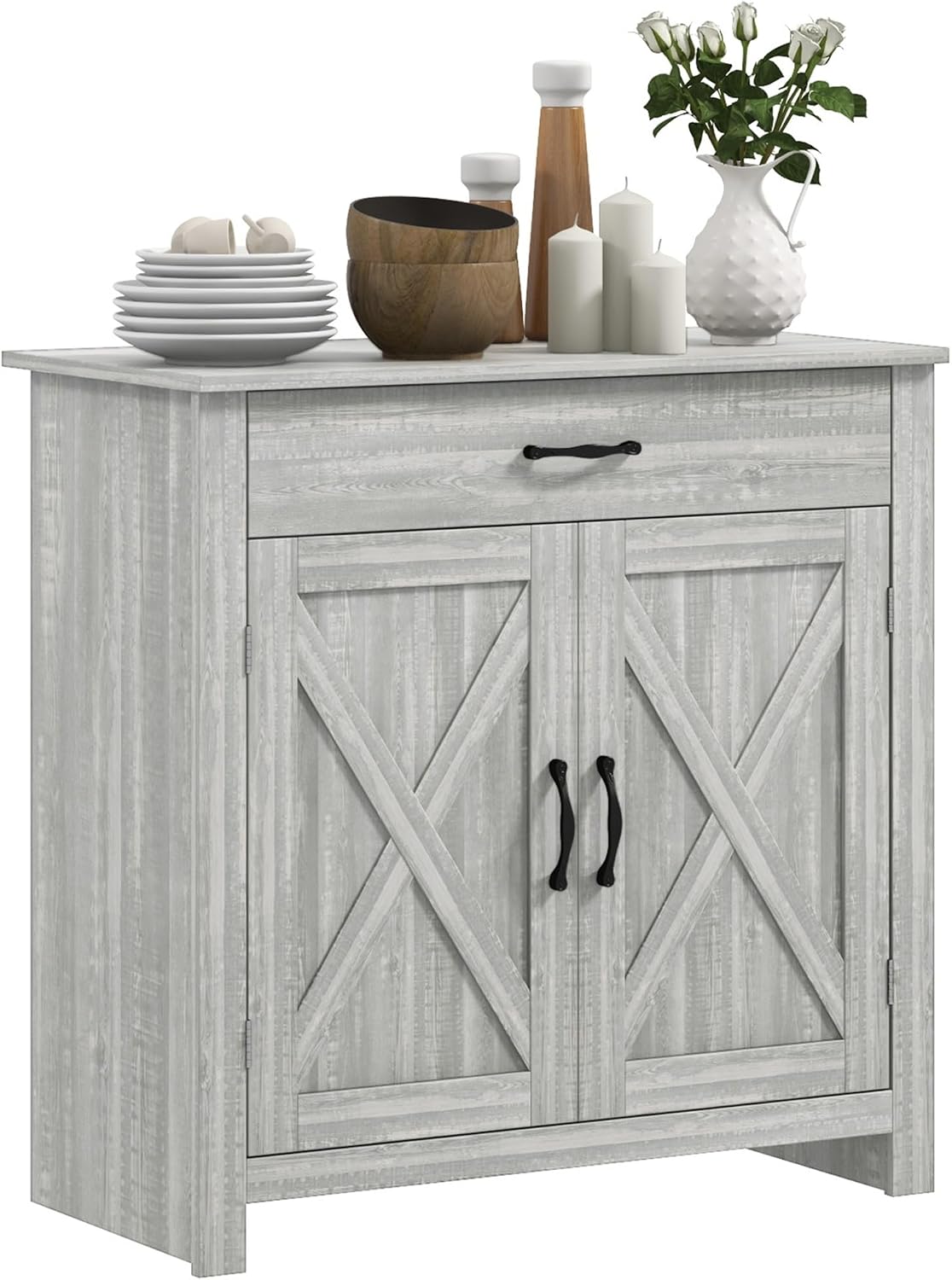 HOMCOM Farmhouse Sideboard Buffet Cabinet, Barn Door Coffee Bar Cabinet with Drawer and Adjustable Shelf for Kitchen, Living Room, Entryway, Stone Gray