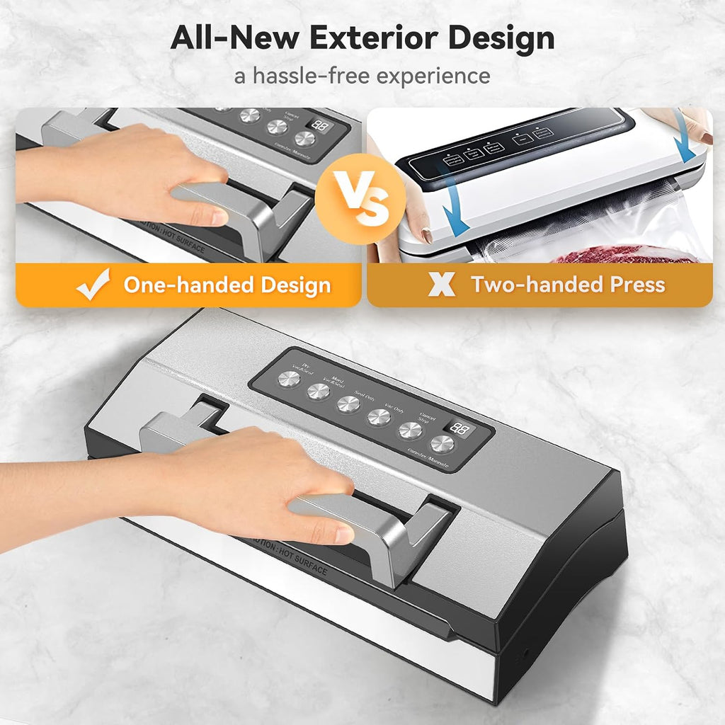 Upgraded Dry & Moist Food Modes Food Vacuum Sealer, Commercial-Grade Vacuum Sealer Machine, Dual-Seal Technology, One-Touch Operation & Built-In Bag Storage & Cutter, Includes 2 Rolls & Accessory Hose