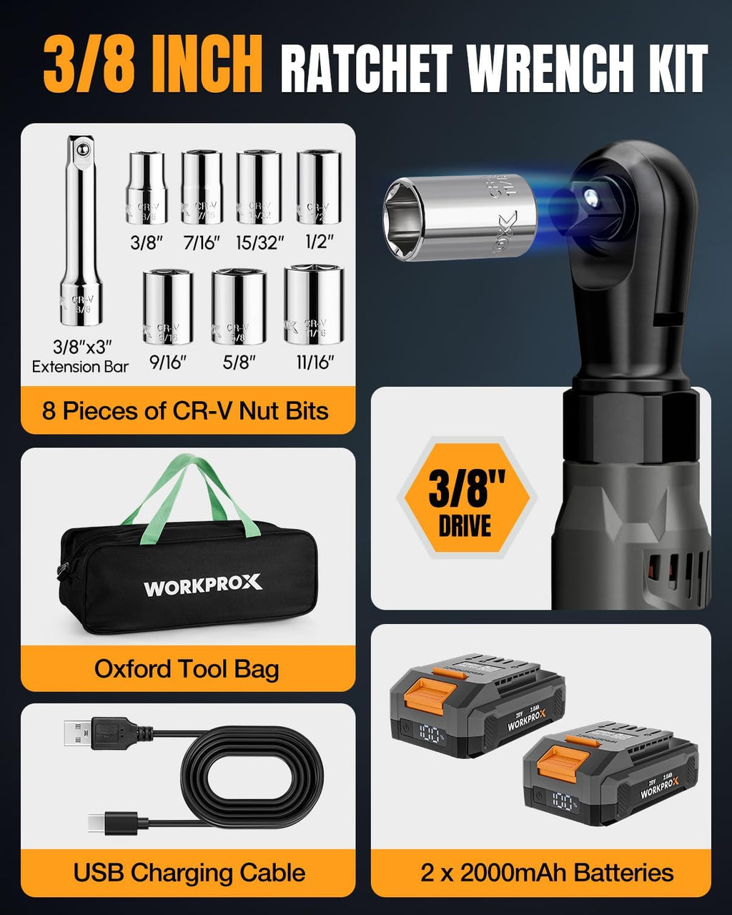 WORKPROX Electric Ratchet Wrench 3/8' Set, 20V Cordless Ratchet Wrench Kit, 74Ft-lbs, 250RPM, Battery Powered Ratchet with LED Light, 2-Pack 2000mAh Batteries, 7 Sockets & 3' Extension Bar