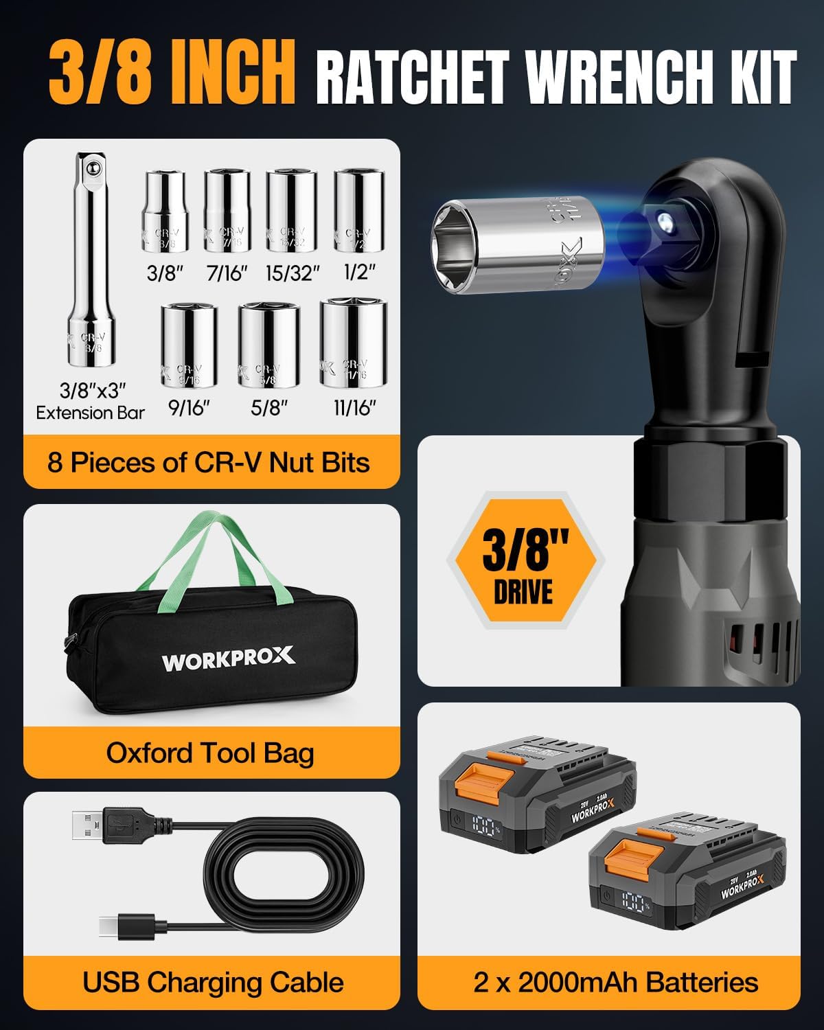 WORKPROX Electric Ratchet Wrench 3/8' Set, 20V Cordless Ratchet Wrench Kit, 74Ft-lbs, 250RPM, Battery Powered Ratchet with LED Light, 2-Pack 2000mAh Batteries, 7 Sockets & 3' Extension Bar