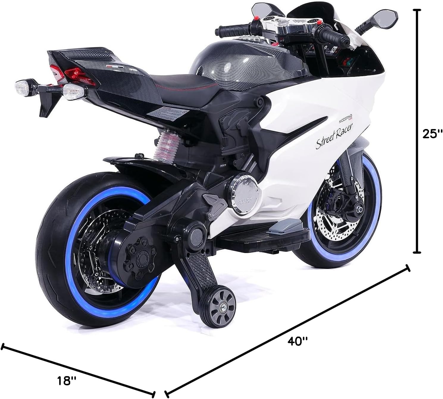 Moderno Kids Street Racer 12V Battery Power Electric Children Ride-On Motorcycle Bike + EVA Foam Rubber Tires + Leather Seat + MP3 USB Music Player + LED Lights + Training Wheels