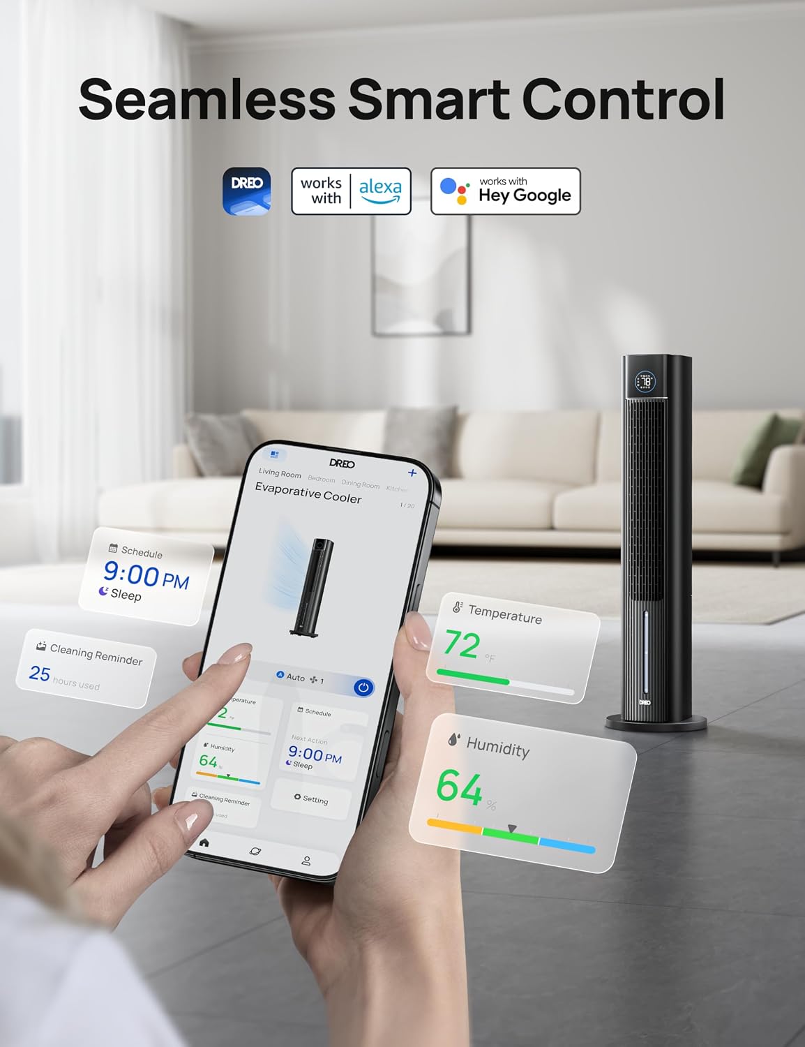 DREO Evaporative Air Swamp Cooler, 43' Cooling Fans that Blow Cold Air 2025 Upgraded, 85° Oscillating Floor Fan for Bedroom, Easy Cleaning, APP Control, Ice Packs, 4 Speeds & 4 Modes, 12H Timer, Black