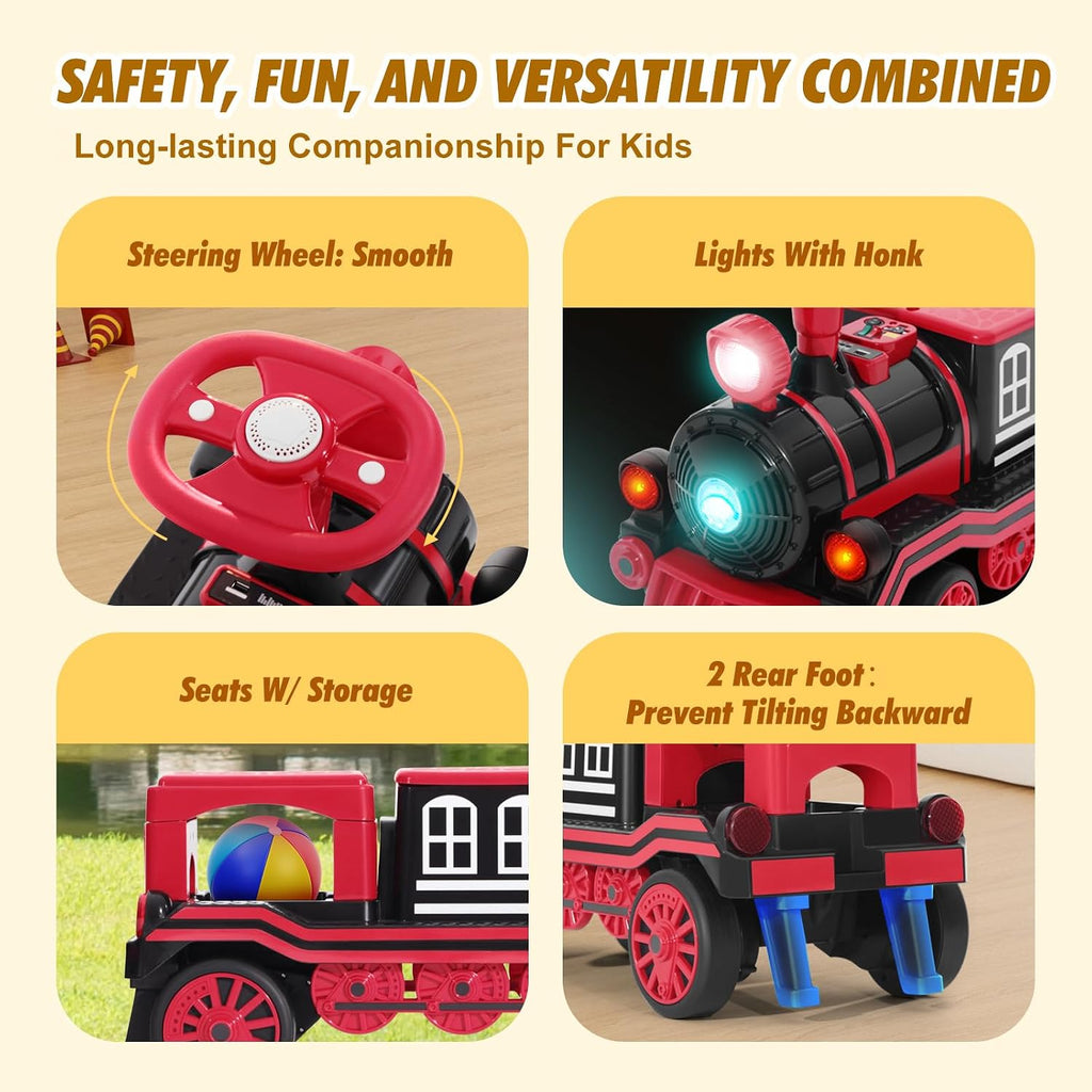 JOYLDIAS 2 Seater Ride On Train, 12V Kids Ride On Toy with Music, Train Honk, Lights, High/Low Speed and Storage, Electric Car for Kids Aged 3+, Red