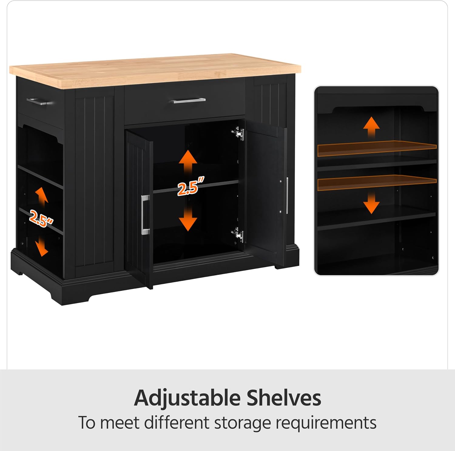 Yaheetech Kitchen Island on Hidden Wheels, Rolling Kitchen Cart with Thicker Rubberwood Top & 3 Drawers & Open Shelves, Storage Cabinet with Adjustable Shelves for Dining Room, 46″L × 22″W, Black