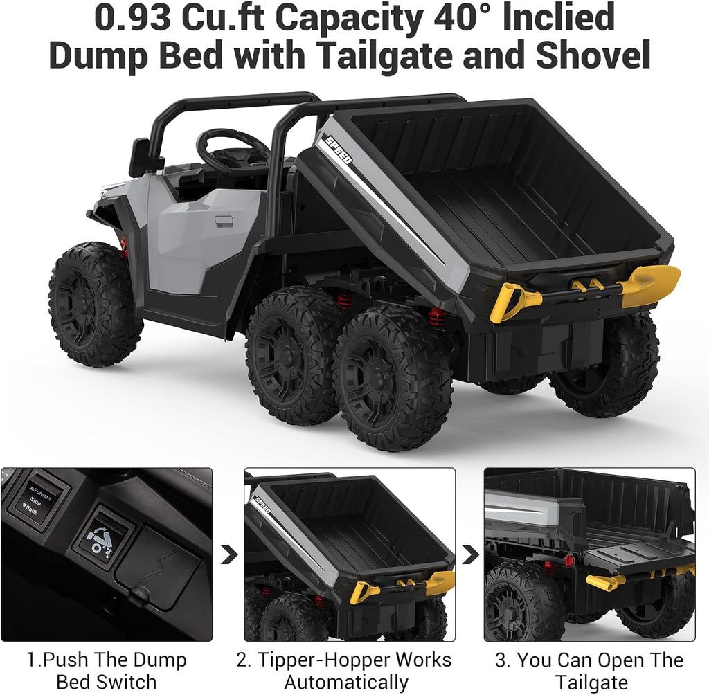 Garvee 24V 4WD Electric Ride On Dump Truck with Remote Control | 2-Seater Kids Ride On Car | Music Player & LED Lights | Birthday Gift for Ages 3+ (Key Start Safety System)