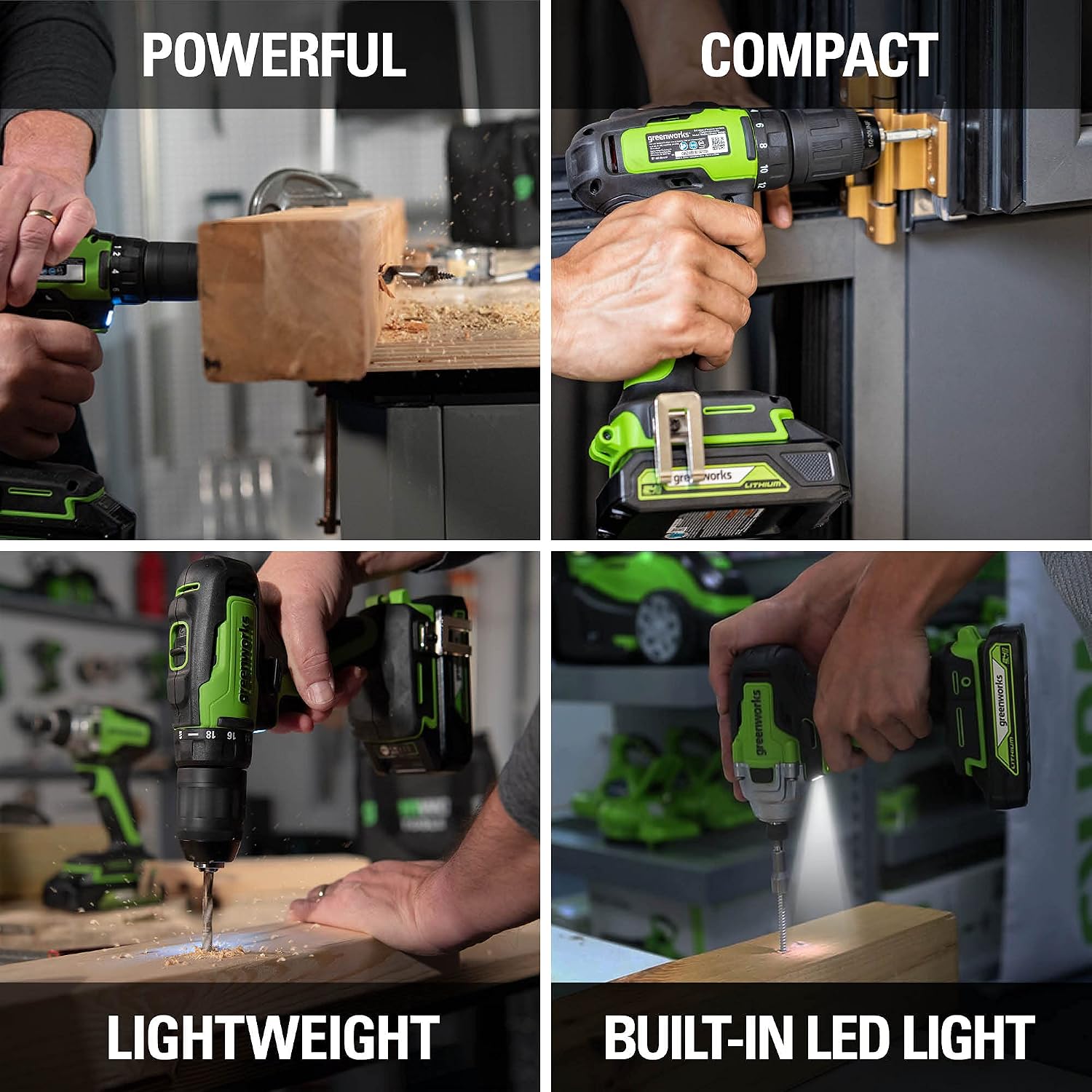 Greenworks 24V Brushless Drill / Impact Driver Combo Kit, (2) 1.5Ah USB (Power Bank) Batteries and Charger Included LED Light, 2pcs Driving Bits with Tool Bag